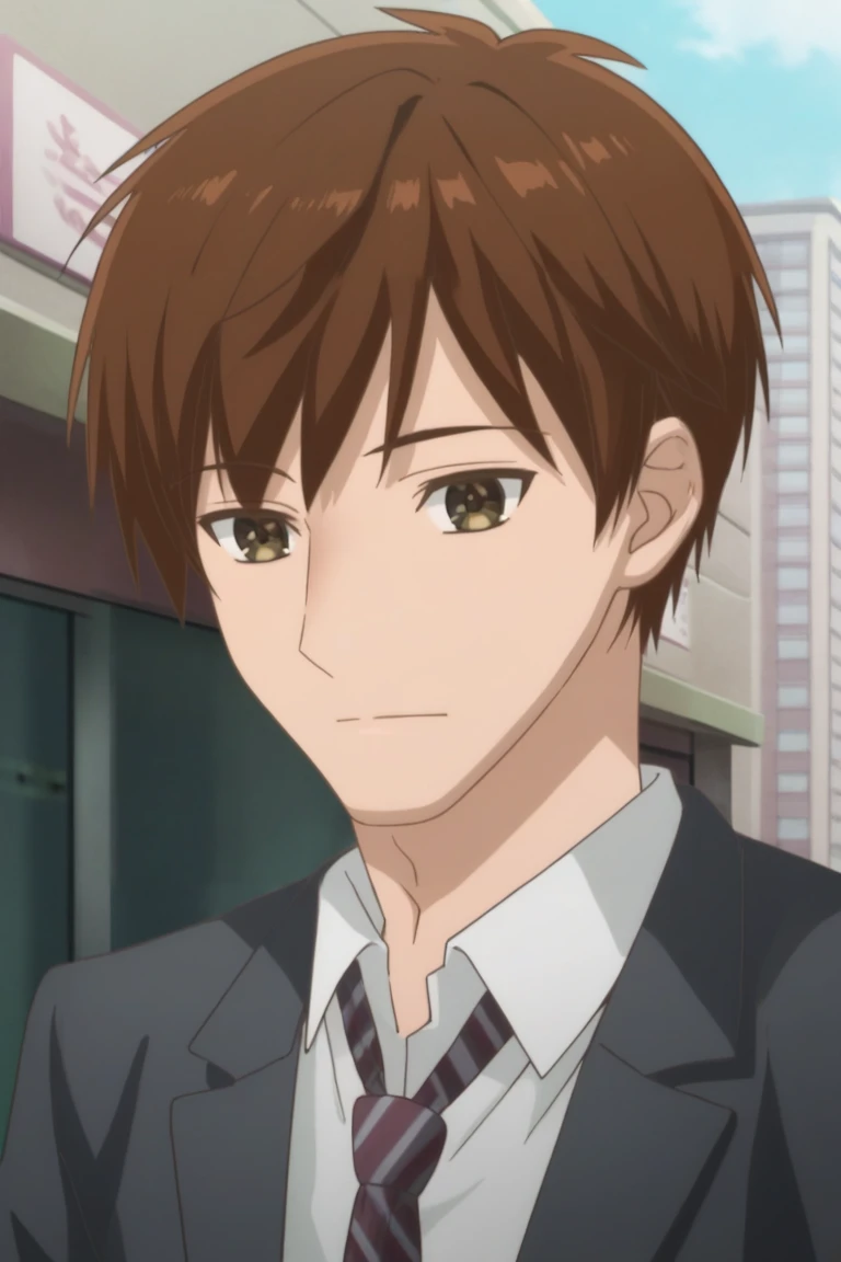 score_9, score_8_up, score_7_up, score_6_up, detailed, intricate details,cowboy shot,best quality ,source_anime, kazuya, brown hair, brown eyes, formal, suit, 1boy, male focus, necktie, solo, school uniform, shirt, upper body, jacket, striped necktie, fake screenshot, anime coloring, white shirt, striped<lora:EMS-409517-EMS:1.000000>