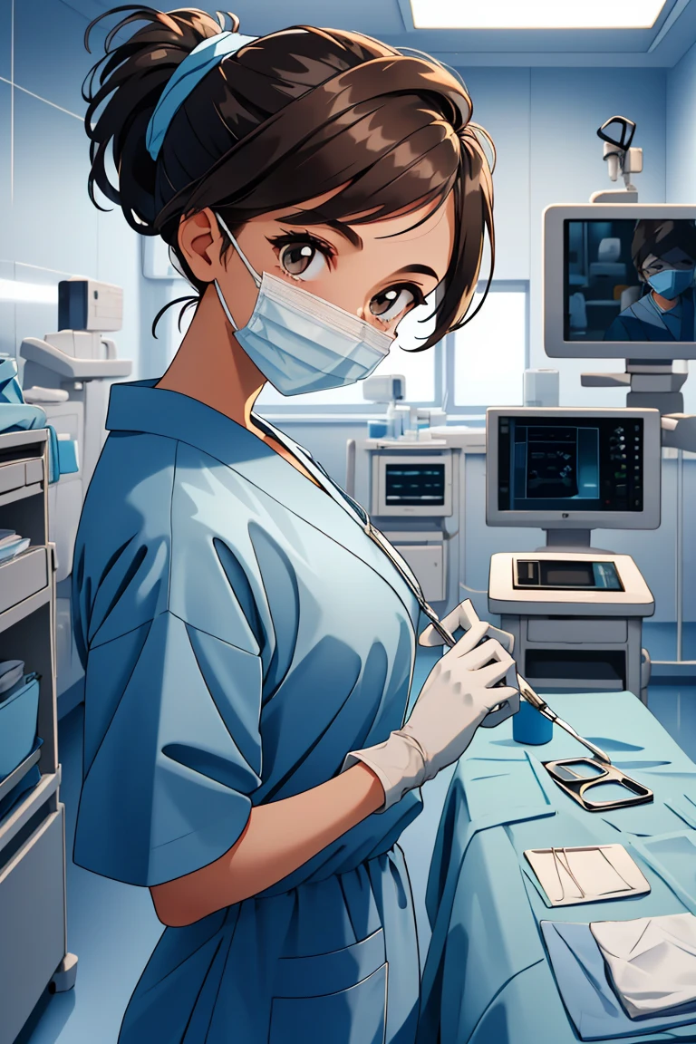 (RAW photo, best quality,facing the viewer,from front), operating room, overhead surgical light,blurred background, focused, dithering,backlighting,
 <lora:CM_doctor_surgeon_scalpel_V2.0-000004:0.8> doctor_surgscalpelpov, 1girl, solo, looking at viewer, white gloves, doctor, surgical mask,headwear,scalpel,
 <lora:Klaviana_V1.0:0.7> klaviana,brown hair, brown eyes,folded ponytail, 1990s (style),