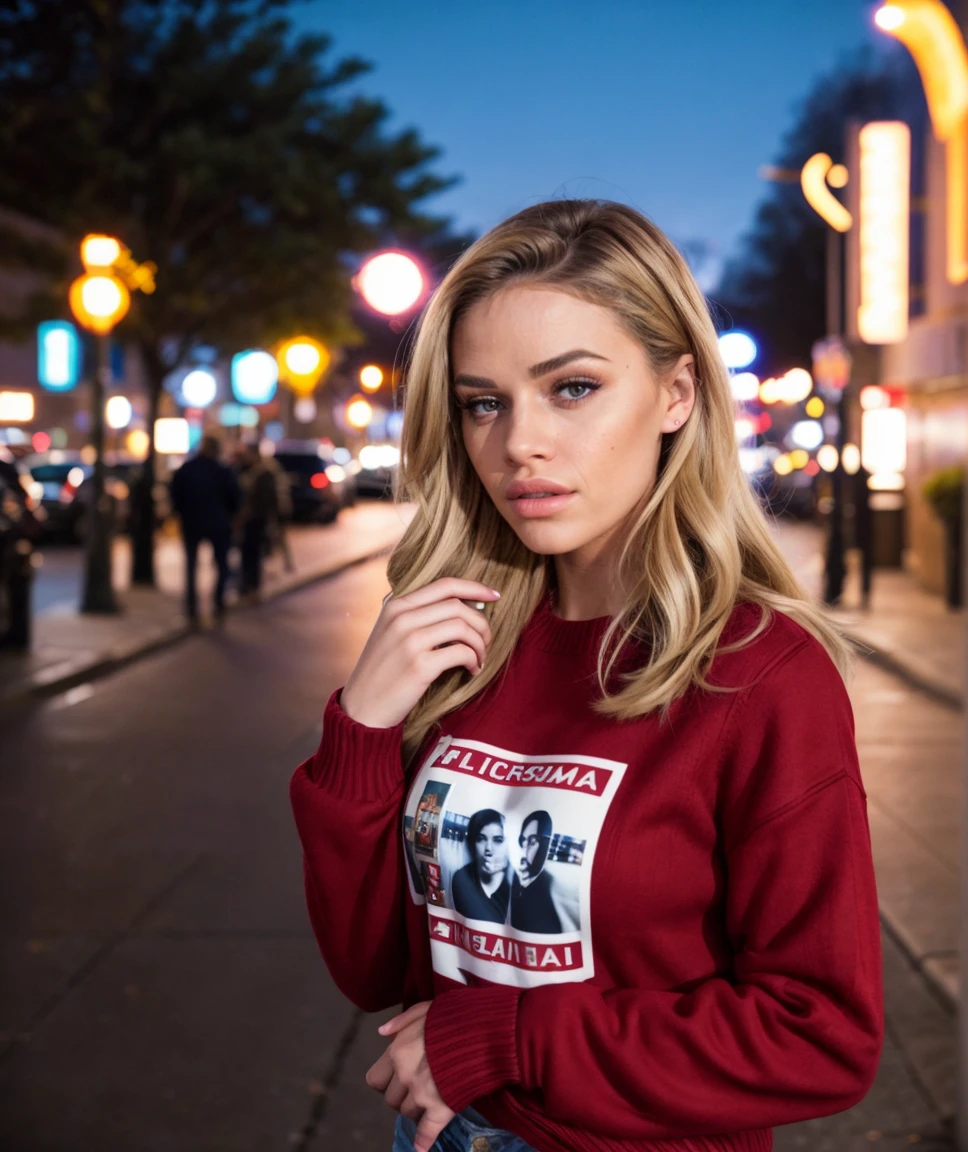 cinematic photo , <lora:quiron_JessaRhodes_v1320_Lora:0.77> jessarhodesquiron, 1girl, realistic, looking at viewer, lips,  (night street)  , Crewneck sweater     . 35mm photograph, film, bokeh, professional, 4k, highly detailed