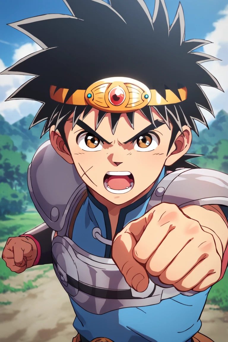 score_9,score_8_up,score_7_up,source_anime,1boy,solo,looking at viewer, Dai,black hair, brown eyes,scar, scar on face, outdoors, upper body, open mouth, Blue shirt,armor,sleeveless, gem circlet, battle_stance, hand mark, clenched_fist<lora:EMS-409148-EMS:0.800000>