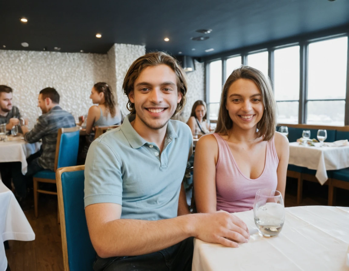 zoom out, full body image, ((beautiful couple sitting together at a restaurant)), (Handsome 35 year old caucasian man with desirable features, medium length light brown hair, faded sides, clean shave face, intriguing green eyes, BREAK, athletic physique, seductive smile with confident expression,  gray tee shirt, BREAK, blue jeans), BREAK, (sexy 25 year old Irish female with alluring features, very long fully dyed purple hair, BREAK, freckle face, bright crystal blue eyes, tall and thin, fair skin tone, athletic body, fitness model, big breasts, perfect body, toned and fit, captivating smile with gentle expression, BREAK, tight purple v-neck shirt, BREAK, white ruffled skirt), bright indoor lighting highlights their excellent features
