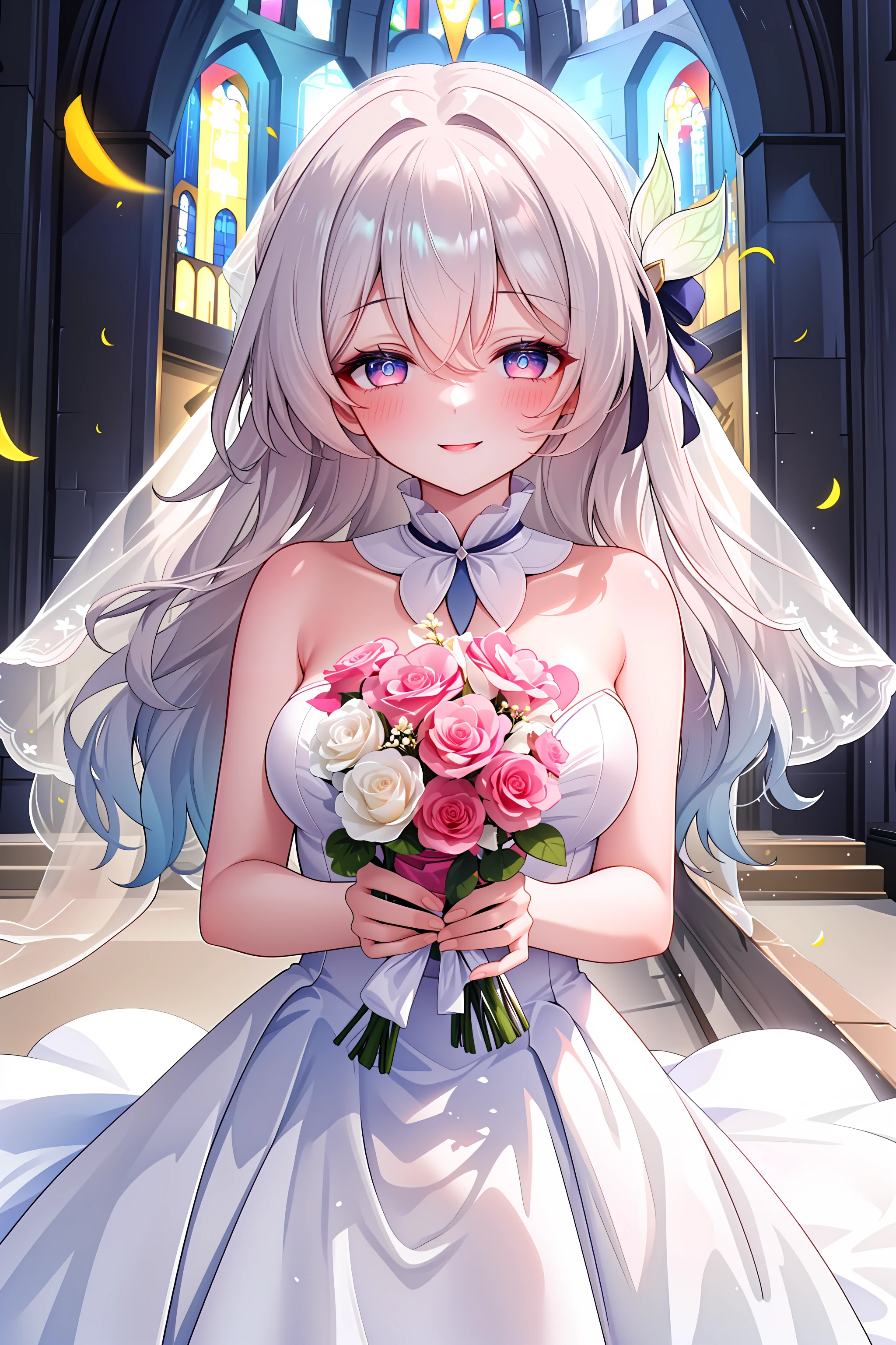 ((masterpiece,best quality)), 1girl, fireflyhsr, wedding dress, holding bouquet, smile, half-closed eyes, church, blush,