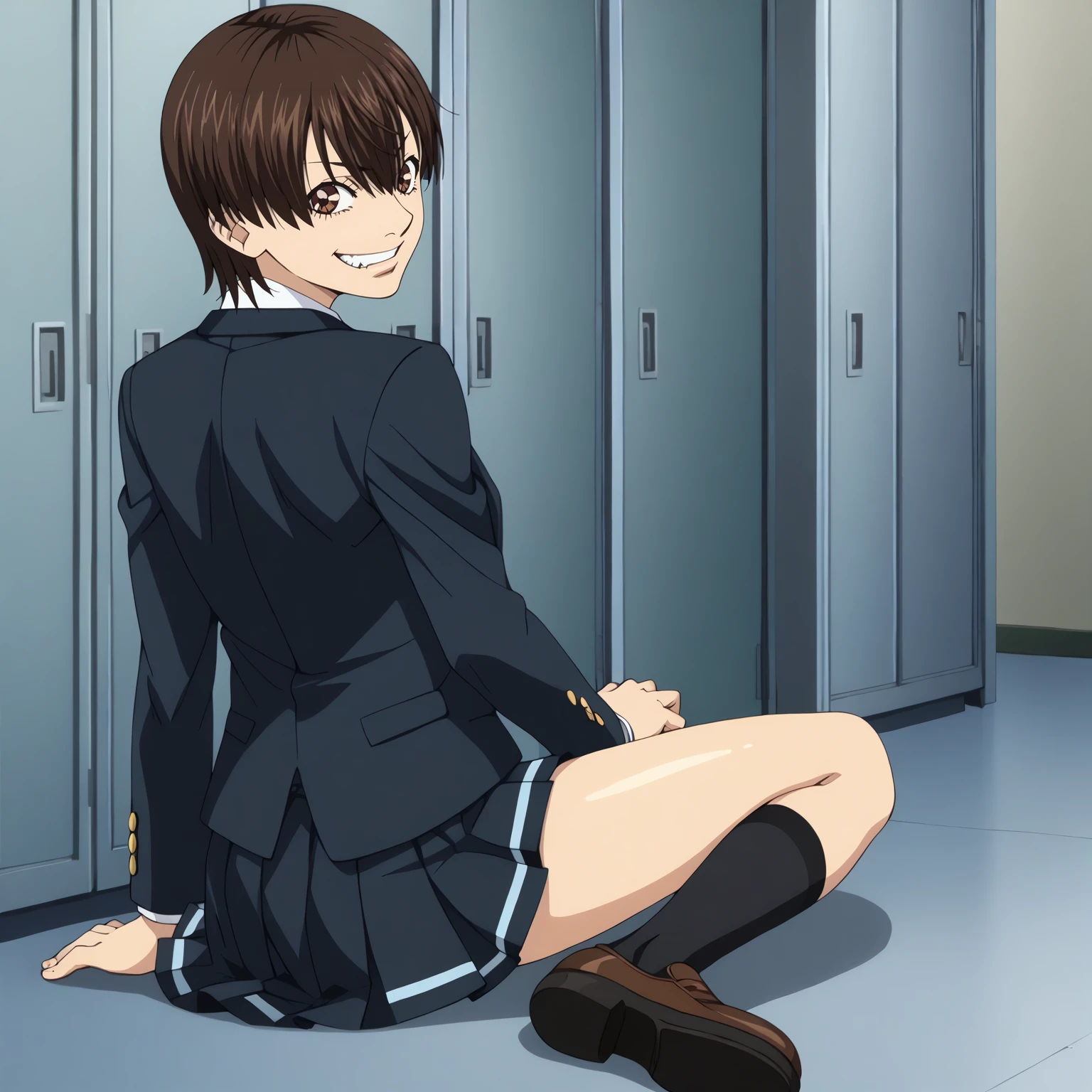 <lora:ShihoChiroyamaXLpony001>,
grin,
solo,
ShihoChiroyama,1girl,black brown hair,short hair,brown eyes,
school_uniform,blazer,white shirt,
pleated_skirt,black skirt,
full body,sitting,looking back,