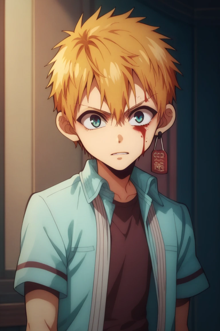 score_9, score_8_up, score_7_up, score_6_up, detailed, intricate details,cowboy shot,best quality ,source_anime, minamoto kou, blonde hair, blue eyes, earring, blue jacket, brown shirt, 1boy, male focus, solo, blood, blood on face, shirt, earrings, jewelry, teeth, open clothes, short hair, short sleeves, necktie, pants, wristband, looking at viewer<lora:EMS-408937-EMS:1.000000>