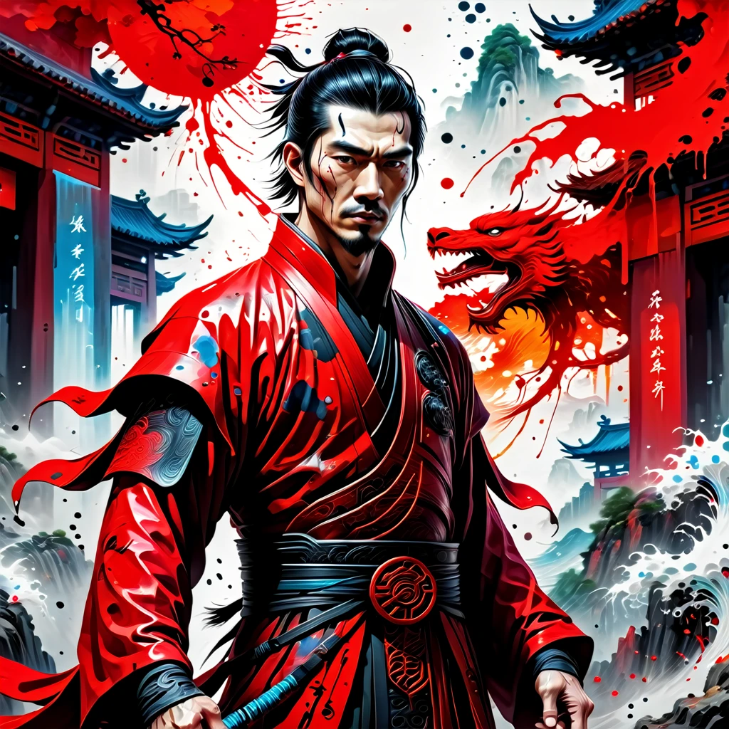 a colored painting of a man in red with black hair, epic fantasy scenes, chinese painting, splattered/dripped, cyberpunk background, traditional costumes, soft focus lens, (fidelity:1.4), photo, (fidelity:1.4), photo, (8k, RAW photo, best quality, masterpiece:1.2),best quality, ultra high res,Jed-Splash,    <lora:ColourfullSplashStyle:0.5>