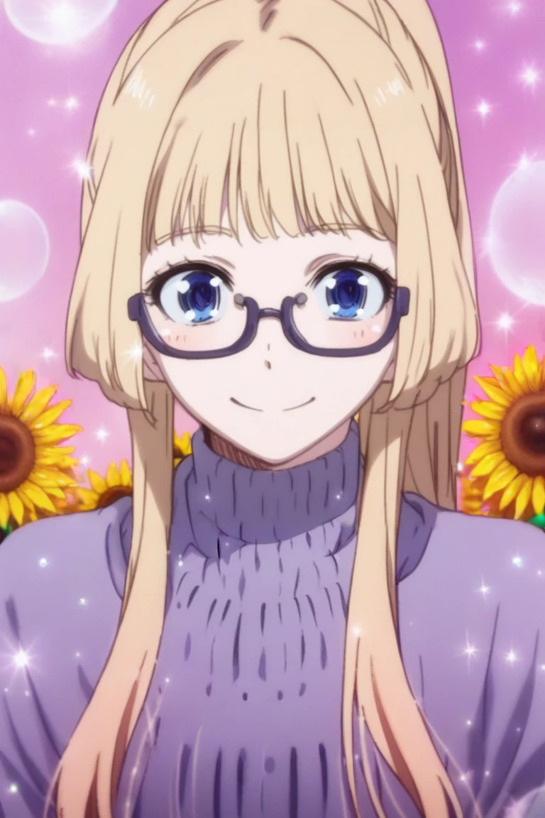 score_9, score_8_up, score_7_up, score_6_up, source_anime, extremely detailed BREAK 
1girl, blonde, long ponytail, blue eyes, glasses, smile, sunflower, looking at viewer
BREAK
 <lora:Shoujo_Bubbles:1> (purple:1.9), sh0jo_bubbles