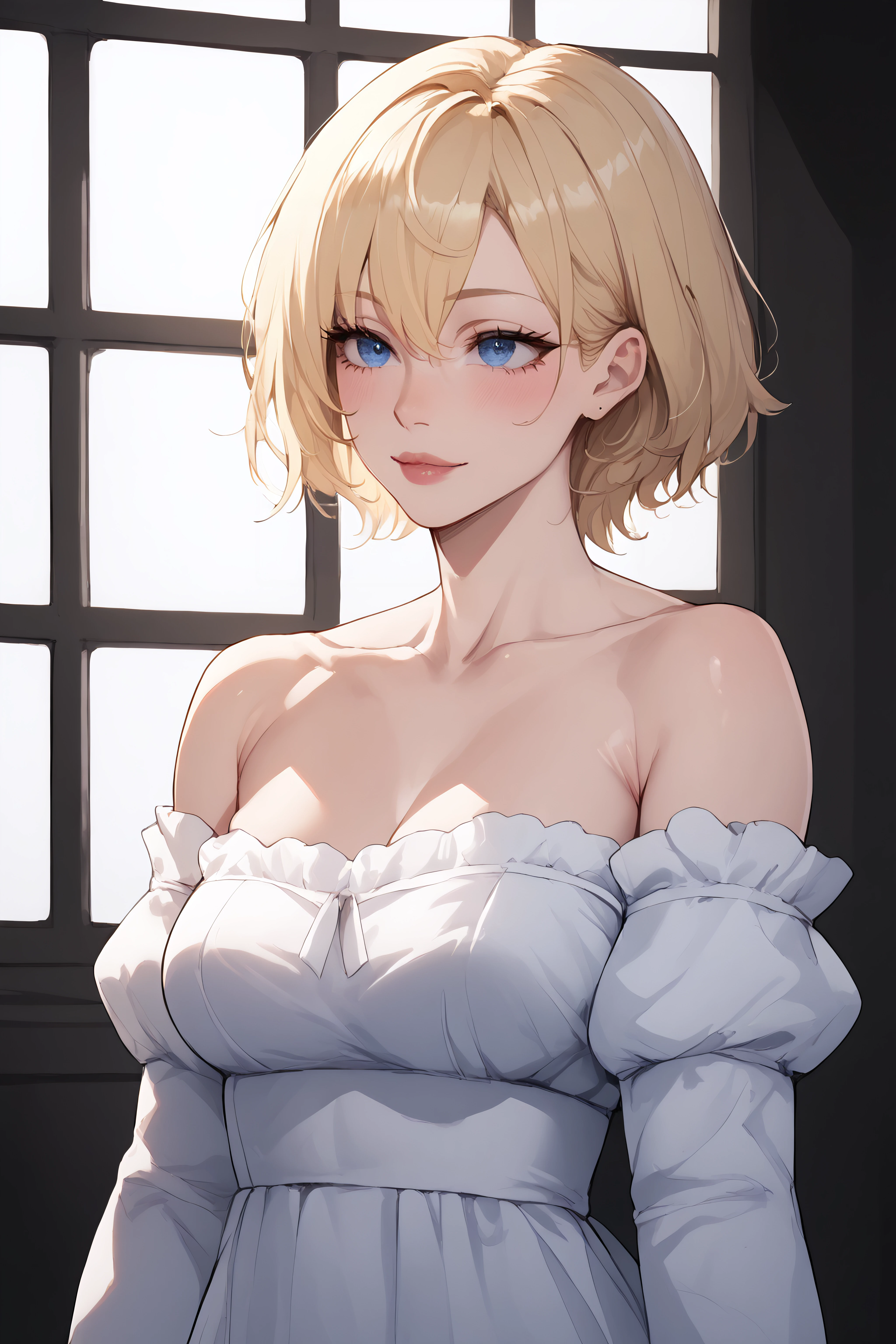 score_9, score_8_up, score_7_up, BREAK source_anime, <lora:Arte-PonyXL-lora-Faxtron:0.8> arte, blue eyes, blonde hair, short hair, medium breasts, long white dress, collarbone, long sleeves, bare shoulders,