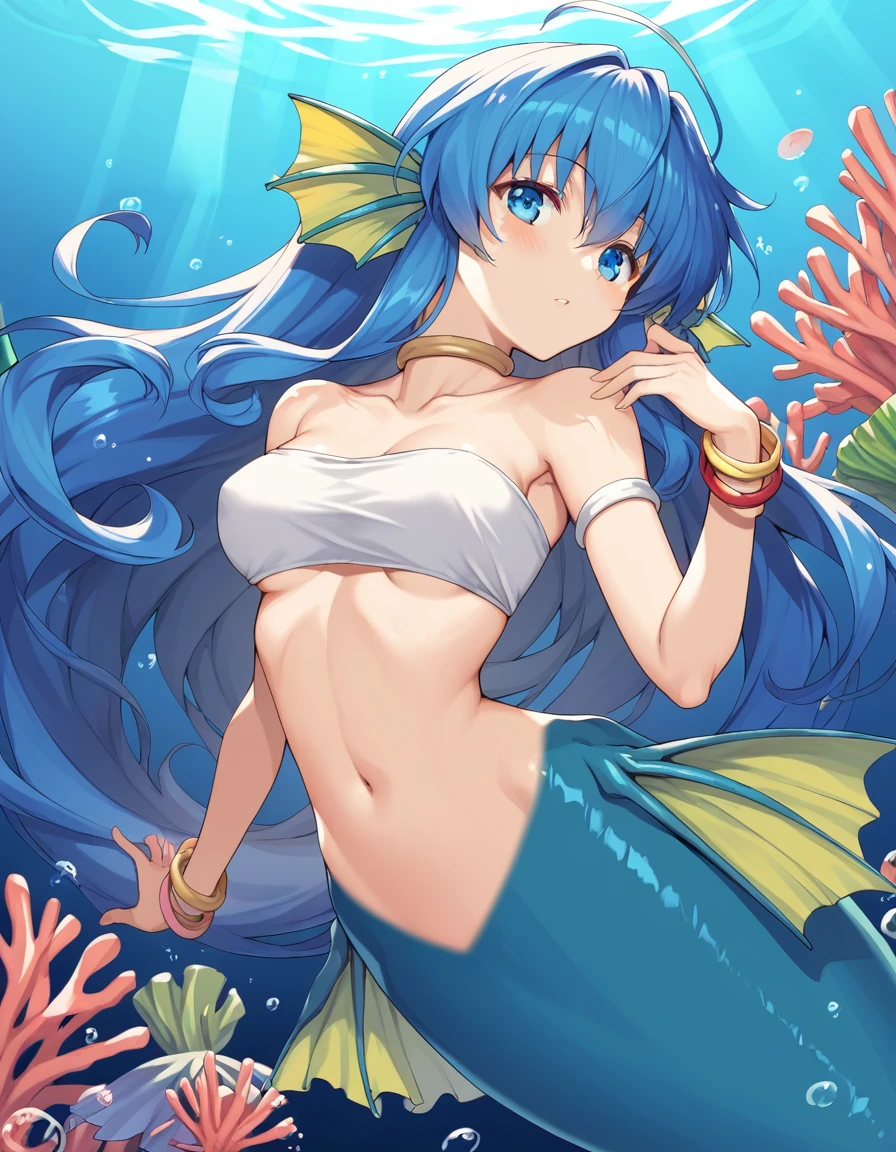 handsome girl，blue-eyes，blue pupils，Long blue hair，Hyperresolution，accuracy，Detailed rendering，（Subtle facial image）（Image of fine hair）（topquality）（Masterpieces of masters）（High degree of completeness）（A sense of atmosphere）tmasterpiece，Super detailed and super detailed（half-body portrait), long wavy blue hair, merfolk, , in water, (((tHICK WAVY HAIR)))(((ANKLE LENGTH HAIR)))(((naked)))(((Blushing)))(((Huge breasts)))(((LARGER BREASTS))) large breasts, bigger breasts.(((Mermaid ears)))