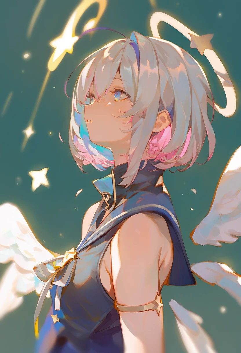 score_9, score_8_up, score_7_up, score_6_up, <lora:rei_XLP6_lokr_V4312:0.95> 1girl, amane kanata, solo, star halo, virtual youtuber, halo, wings, multicolored hair, feathered wings, colored inner hair, short hair, grey hair, angel wings, white background, angel, blue hair, simple background, parted lips, asymmetrical hair, single hair intake, white wings, portrait, bob cut, blue eyes, purple eyes, high collar, bangs, streaked hair, from side, pink hair, turtleneck, sailor collar, hair between eyes, looking away