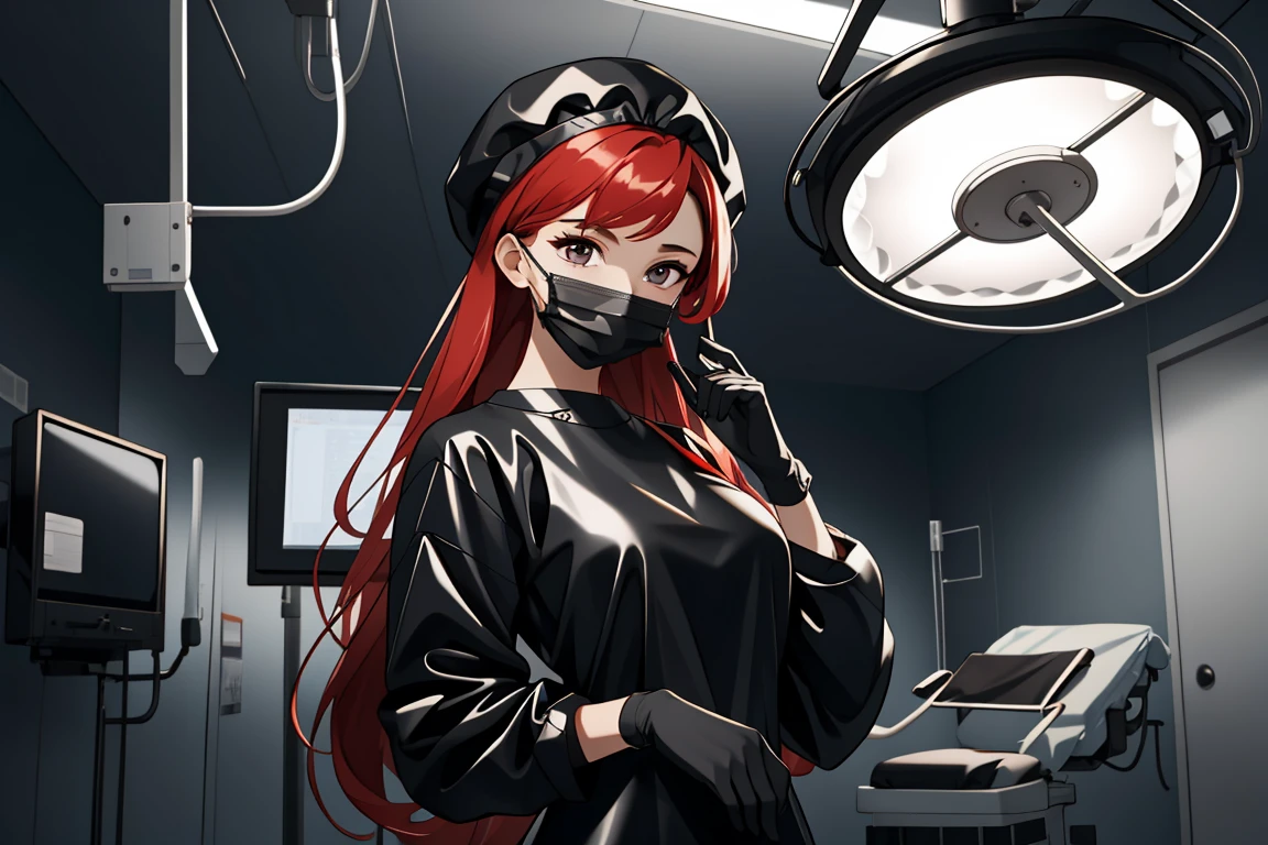 (RAW photo, best quality,facing the viewer,from front), operating room, overhead surgical light,blurred background, focused, dithering,backlighting,
 <lora:CM_doctor_surgeon_blackRubber_V2.0-000004:0.8> doctor_surgblackrubber, 1girl, solo, black dress, black gloves,latex, black headwear, mask, looking at viewer,long sleeves, long dress, 
 <lora:Claudia_Suzuki_V1.0:0.65> claudia suzuki, mature female, semi-rimless eyewear, red hair, long hair, brown eyes, antenna hair,