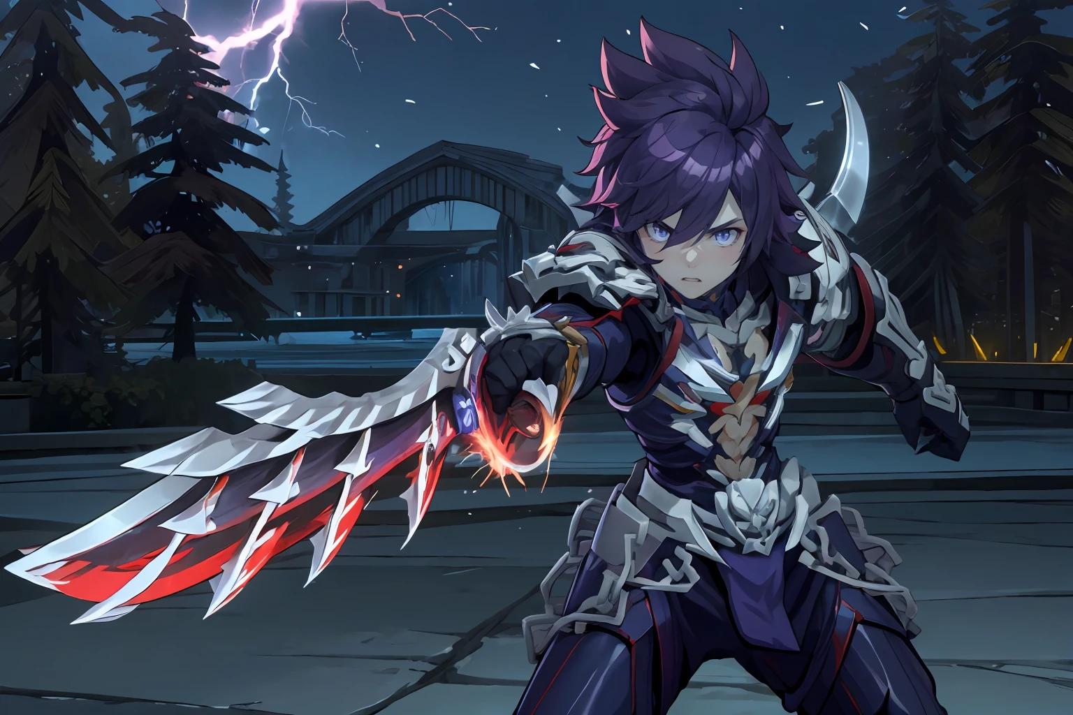 masterpiece, best quality, ultra-detailed, 1boy, solo, thanatos_rom, beautiful, fierce, agony, fighting stance, holding sword, purple aura, cowboy shot, looking at viewer, light particles, lightning, Chill of twilight theme, vivid colors, dark and magical atmosphere,
<lora:thanatos_rom_v2:0.8>, <lora:add_detail:0.5>