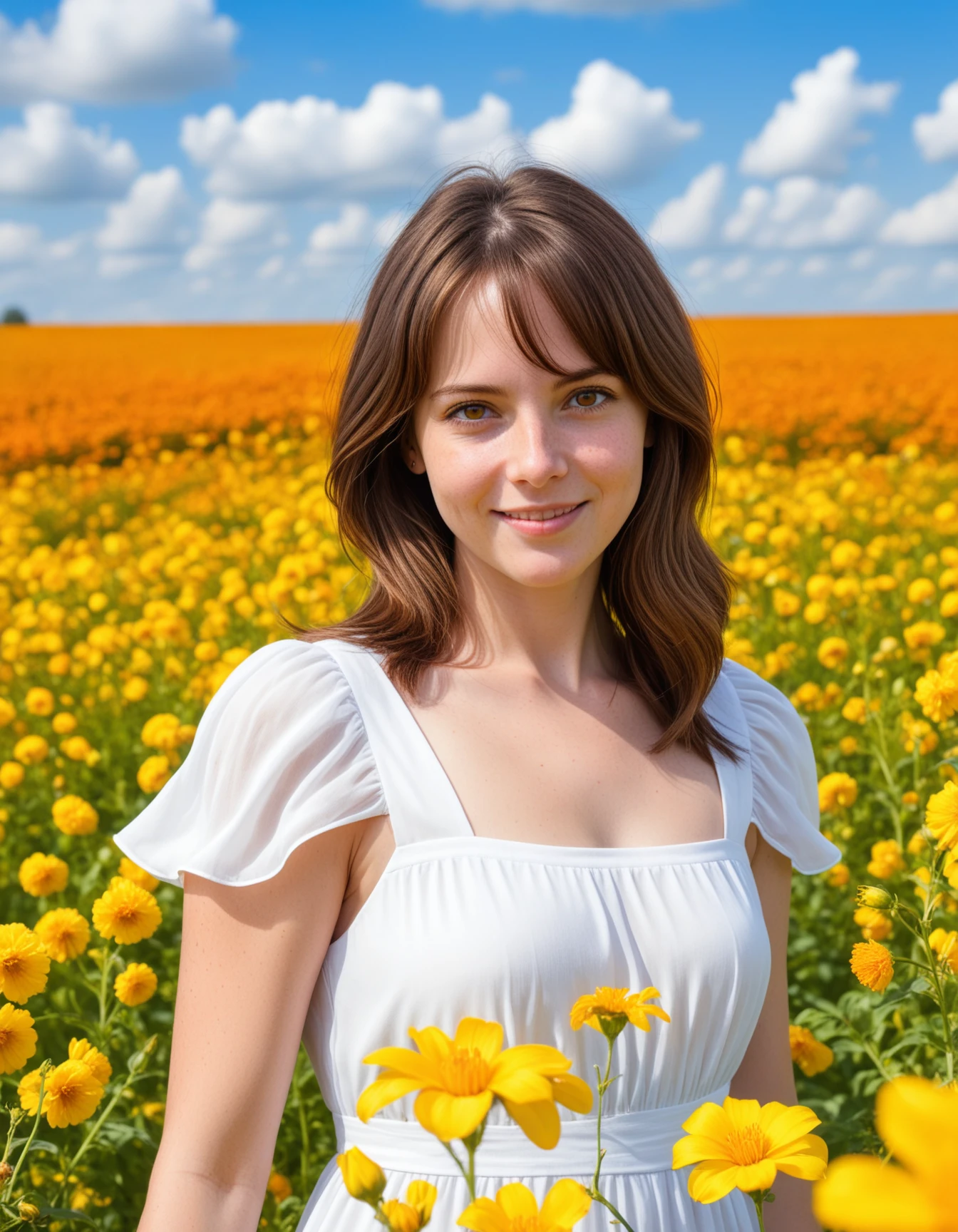 photo, british woman, brown hair, orange eyes, white dress, looking at viewer, (smile:0.25), standing in flower field, yellow flowers, blue sky, clouds,