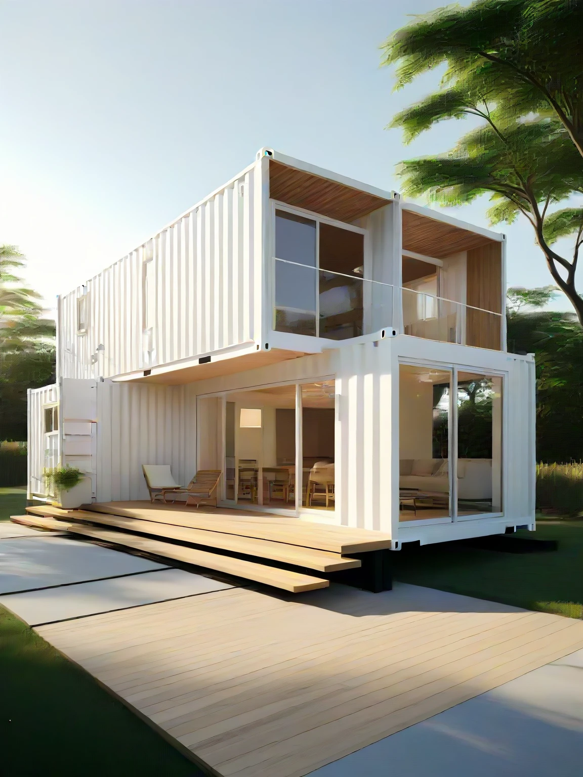 Architectural style <lora:JJsContainerHouse_XL:.8>,   ((Container House)), ((masterpiece)), ((best quality)), scenery, real world location,  realistic,  high detailed, , soft lighting, clear sky, road, lawn, (white),bird, sunshine, car, wood, . Clean lines, geometric shapes, minimalist, modern, architectural drawing, highly detailed