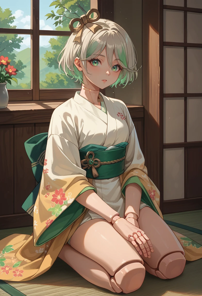 score_9, score_8_up, source_anime, 1girl, solo, CeciliaImmergreen, hair ornament, doll joints, short hair, braid, indoors, kimono, hair flower, floral print, wariza, kneeling, <lora:ChamCeciliaImmergreenPonyXL:1>