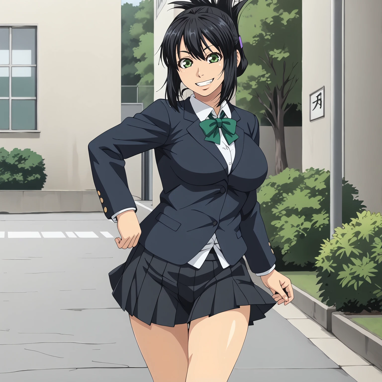 <lora:SakiTakanashiXLpony001>,
smile,
solo,
SakiTakanashi,1girl,black hair,folded ponytail,green eyes,
large breasts,
school_uniform,blazer,white shirt,
pleated_skirt,black skirt,
outdoors,