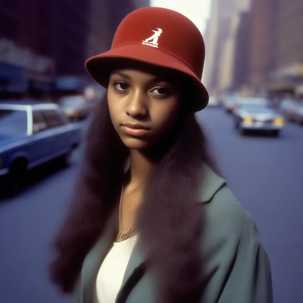 hip hop young girl age 24 wearing a Kangol hat, she is set in 1980, retro scene in nyc.