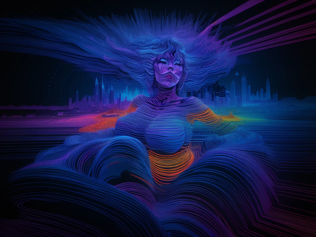 Vibrant contour horizontal lines, abstract, illustration of a huge tits+, city skyline behind, psychedelia, hot uv colors, high contrast, Sharp, moiré