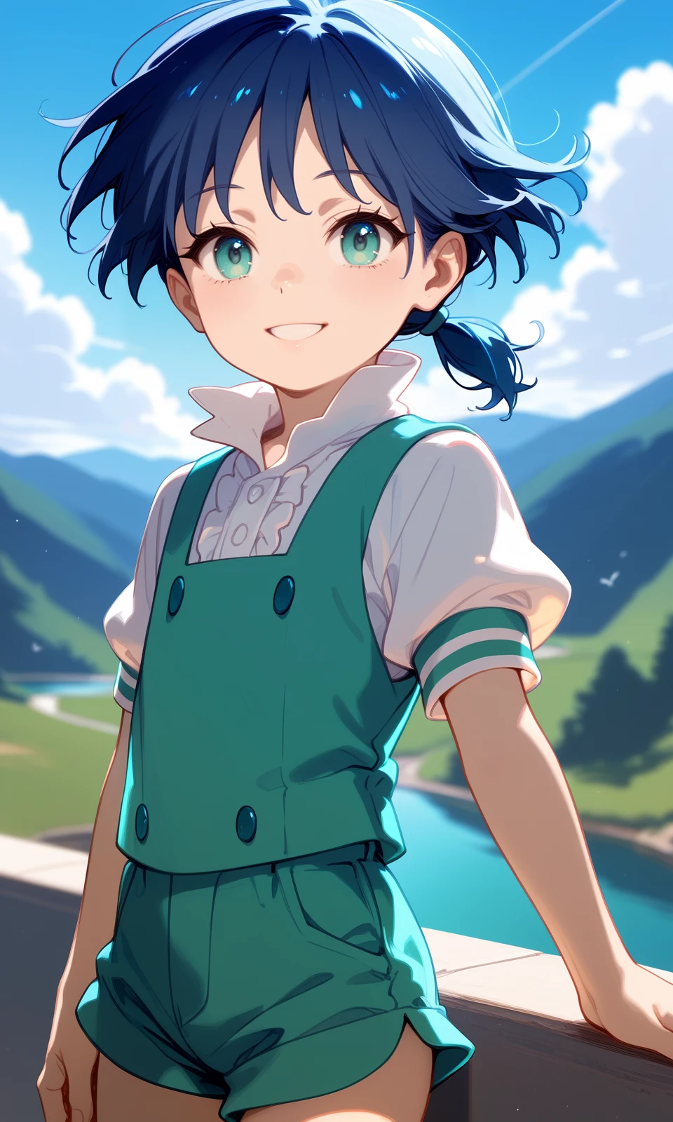 score_9,score_8_up,score_7_up, score_6_up, BREAK
solo, 1boy, lloyd, aqua eyes, blue hair, short hair, low ponytail, shiny hair, shiny skin, 
green vest, white shirt, puffy short sleeves, green short shorts, 
looking at viewer, smile, upper body, 
outdoors, river, sun, cloud, condensation tral, 
masterpiece, best quality, very aesthetic, absurdres, 
<lora:LloydDeSaloum_Pony:1><lora:sd_xl_dpo_lora_v1:0.35>