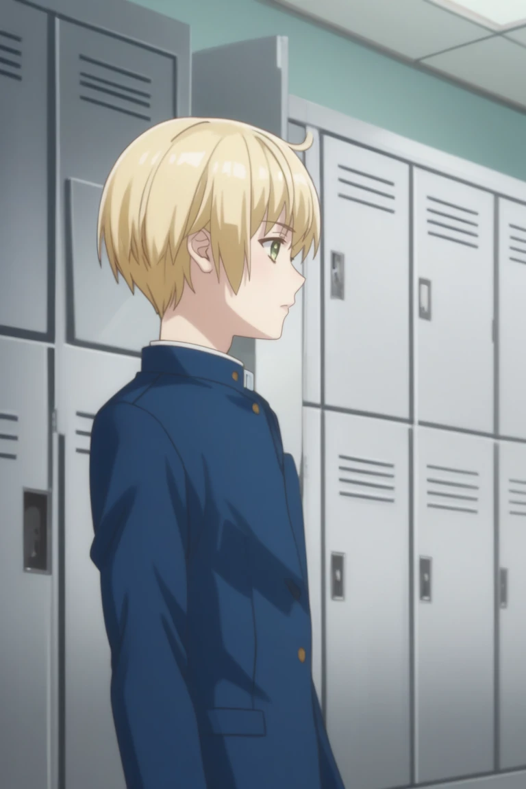 score_9, score_8_up, score_7_up, score_6_up, detailed, intricate details,cowboy shot,best quality ,source_anime, aoi, blonde hair, green eyes, 1boy, school uniform, solo, male focus, locker,, short hair, holding, from side ,Butcha<lora:EMS-409511-EMS:1.000000>