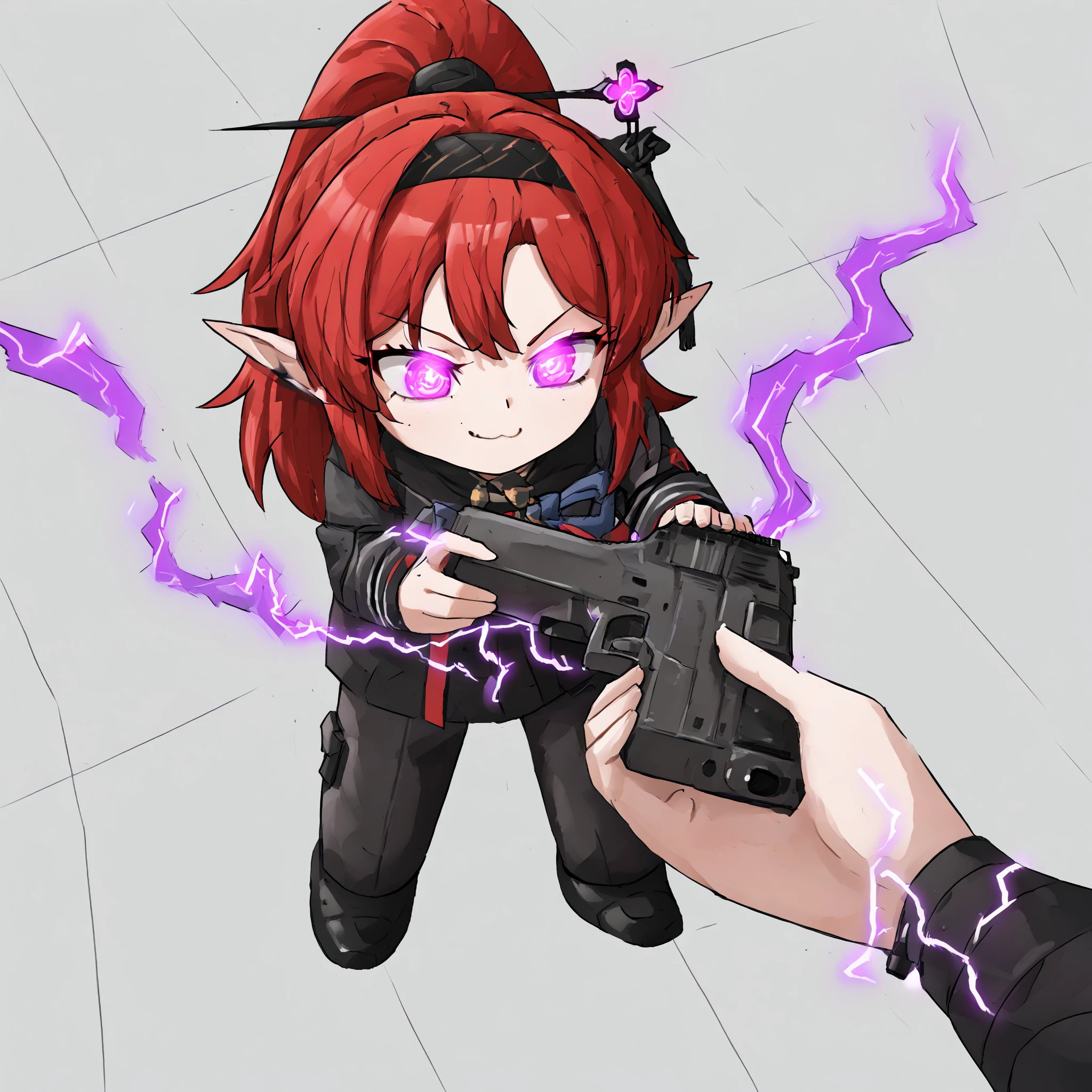 1girl, Yinlin, red hair, poiny ears, holding gun, glowing eyes, smirking, electricity in background, Go do a crime, , <lora:f841ebb3-35dd-43e6-8764-e70f054baa9e:0.7>, <lora:e5a3af7b-da7b-42d0-bbd9-9524d93ac94b:0.7>