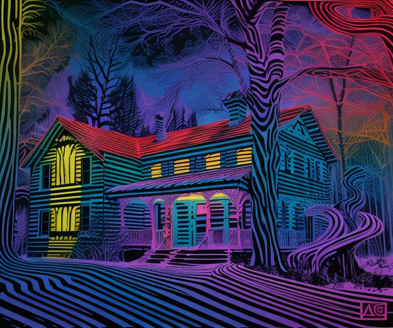 Contrasty, Vibrant contour horizontal lines, abstract, illustration of a abandoned Victorian in the woods, psychedelia, hot uv colors, high contrast, Sharp, moiré, striped trees