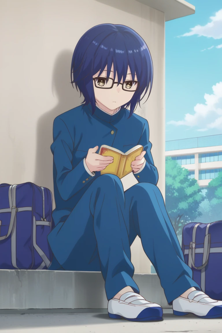 score_9, score_8_up, score_7_up, score_6_up, detailed, intricate details,cowboy shot,best quality ,source_anime, shun_sc, blue hair, brown eyes, 1boy, school uniform, glasses, gakuran, solo, book, reading, school bag, sitting, bag, short hair, shoes, open book, day, holding, sky, holding book, uwabaki, cloud, pants, school, outdoors, white footwear, blue sky, tree, long sleeves, male focus, ,score_5_up<lora:EMS-409526-EMS:1.000000>