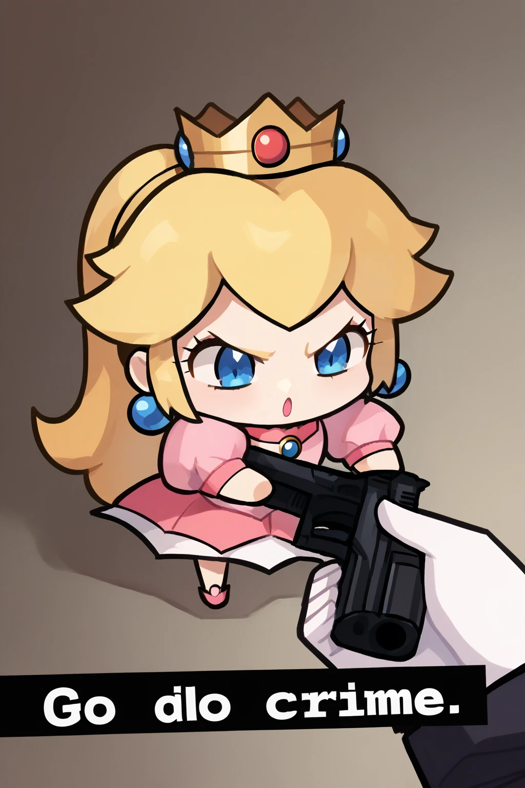 zPDXL,   <lora:Concept_Go_do_a_crime_meme:1>, 1girl, GODOACRIME, go do a crime (meme), english text, gun, princess peach, chibi