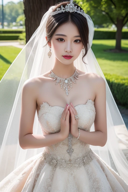 ltra-detailed,highly detailed,best quality,masterpiece,illustration,realistic,photorealistic,
1girl, solo, bride, 
hunsha, wedding dress, bridal veil, 
jewelry, earrings, tiara, 
looking at viewer, upper body,  own hands together,
outdoors, cathedral, grass,tree, balloon, 
 <lora:hunsha_v2_01:0.7>