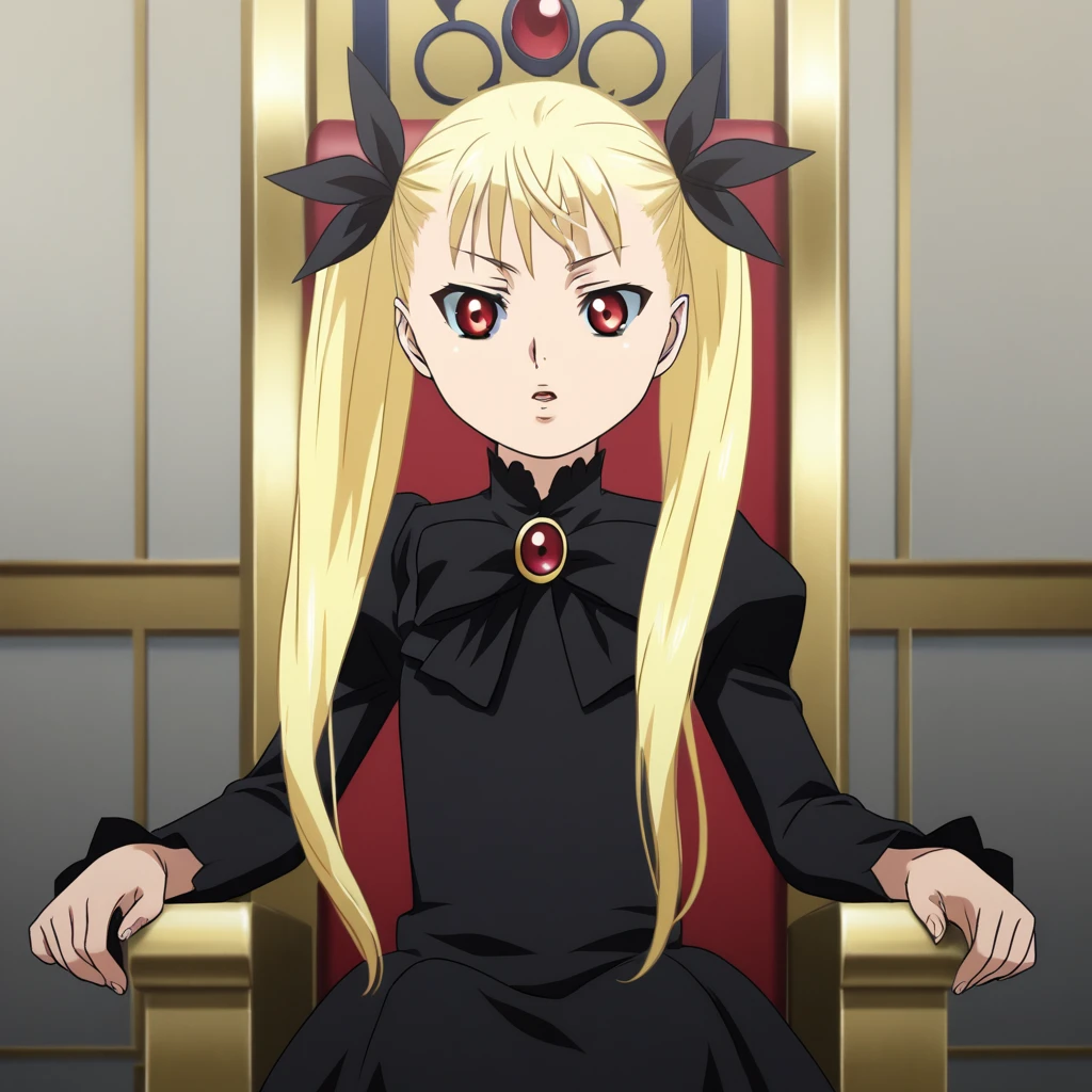 score_7_up, BREAK, Mina Tepes, 1girl, solo, blonde hair, twintails, long hair, red eyes, hair ribbon, black dress, indoors, <lora:Mina_Tepes_PXL_Leaf1:1>, on throne,