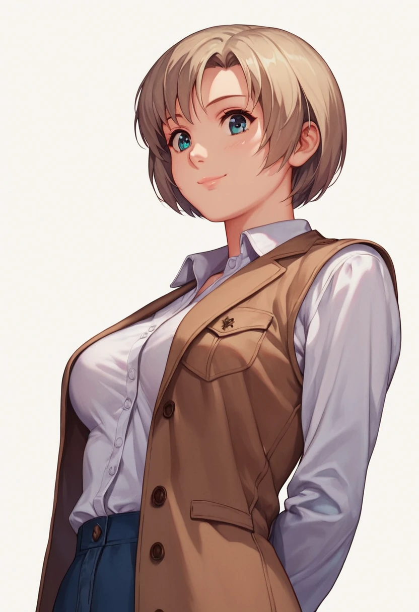 score_9, score_8_up, score_7_up, score_6_up, 1girl, solo, <lora:Nene_Romanova_-_Bubblegum_Crisis_Tokyo_2040:1>, Nene, white shirt, brown vest, detailed eyes, perfect face, perfect eyes, sexy, sexy girl, beautiful eyes, petite body, medium breasts, standing, arms behind back, posing, light smile, simple background, from below, dynamic angle