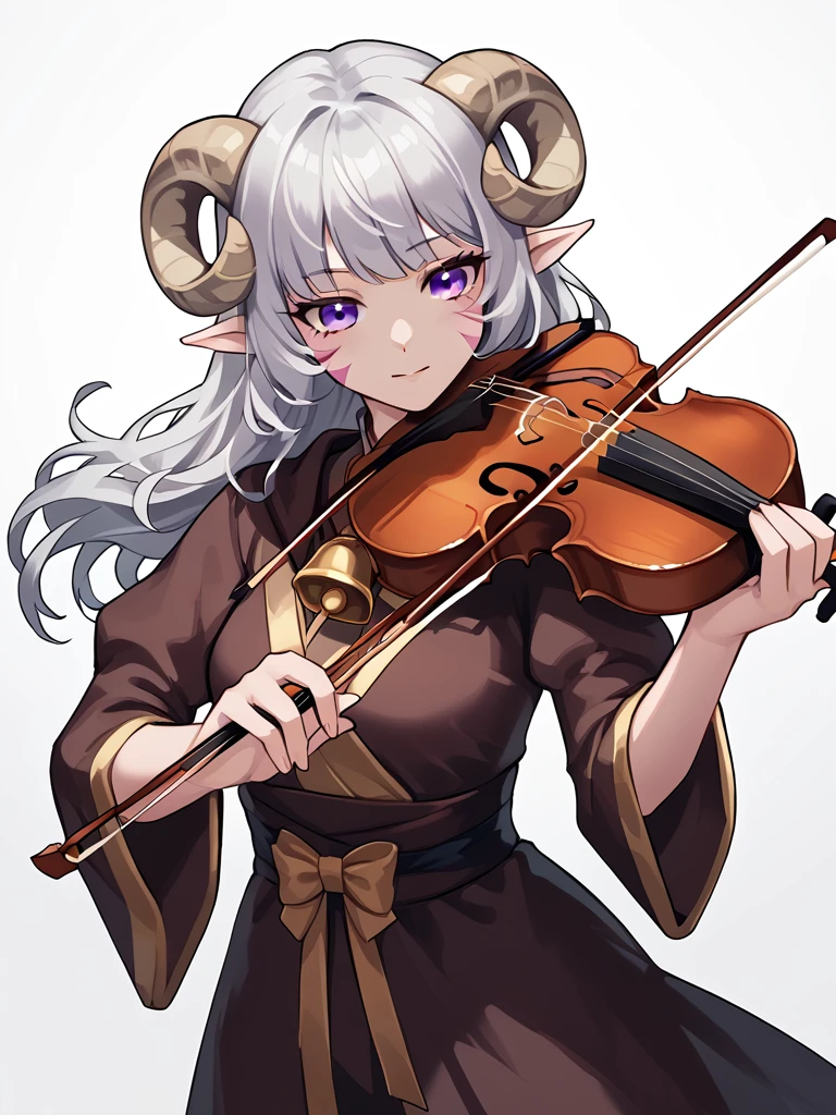 <lora:whisker_markings:0.8> whisker_markings:1.4 , source_furry, score_7_up, rating_safe, cowboy shot, gold necklace, tiefing, short pointed ears, horns, (a pair of brown sheep Horns that begin at her temples and curve back: 1.5), bangs,long silver hair long wavy hair, pale skin,pointy ears, purple eyes:1.2, <lora:age_slider_v4:0.6>   medium breasts, skinny female, close up, silver hair, <lora:Tieflingnew weird fantasyDND:0.3> Tiefling, pointed ears, horns, from above, <lora:Smooth Style 2 SDXL_LoRA_Pony Diffusion V6 XL:0.5> bell, robe, hood off, <lora:Nanoless_Artist_Style_PonyXL:0.3>      <lora:holding_violin_holding_bow_music:0.8> violin, holding violin, holding bow (music), playing instrument