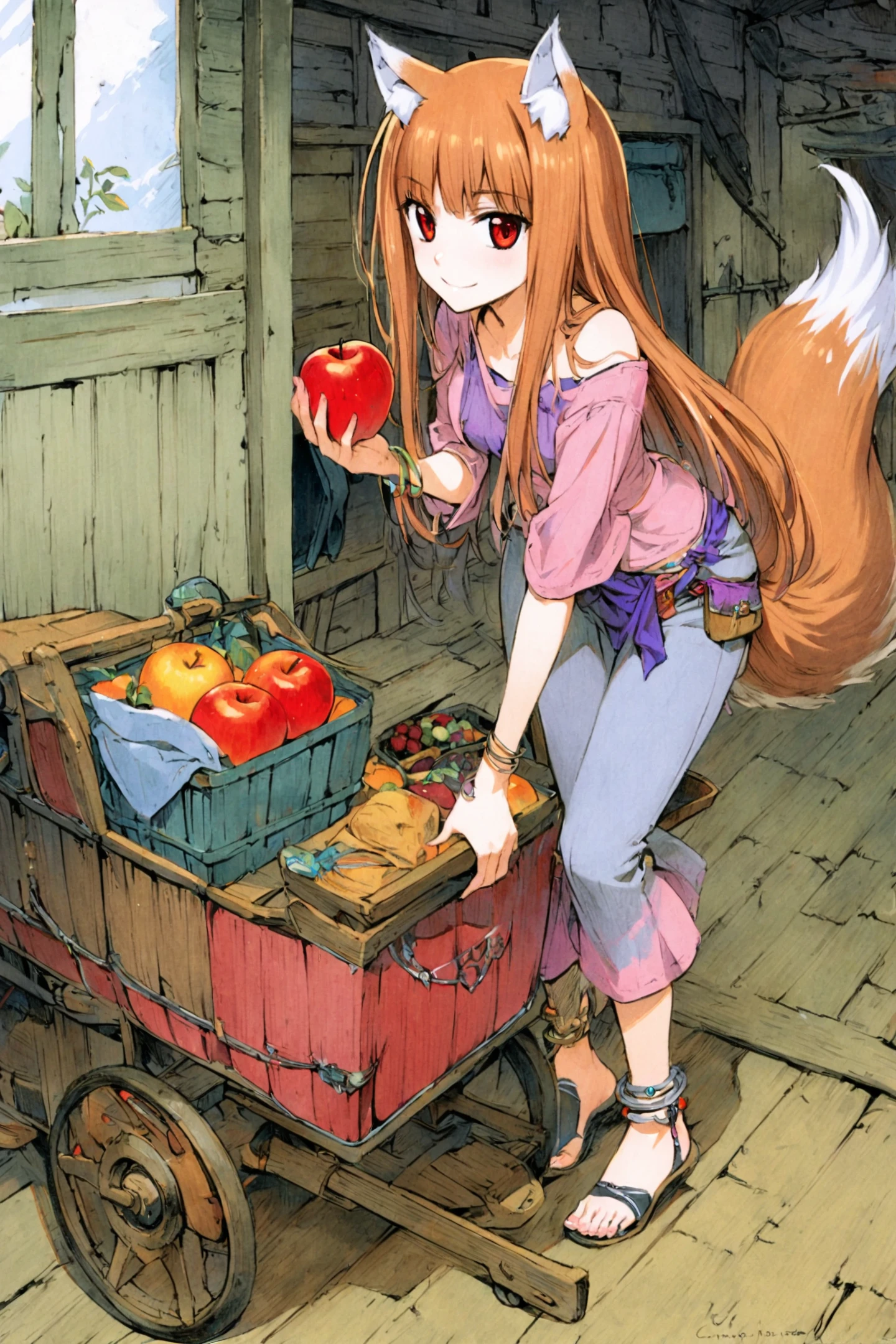 1girl,holo,food,long hair,tail,solo,animal ears,apple,wolf girl,fruit,wolf ears,wolf tail,anklet,red eyes,brown hair,holding,holding apple,jewelry,smile,holding fruit,standing,pants,looking at viewer,cart,capri pants,pouch,bracelet,traditional media,
<lora:Koume Keito_XL:0.8>,