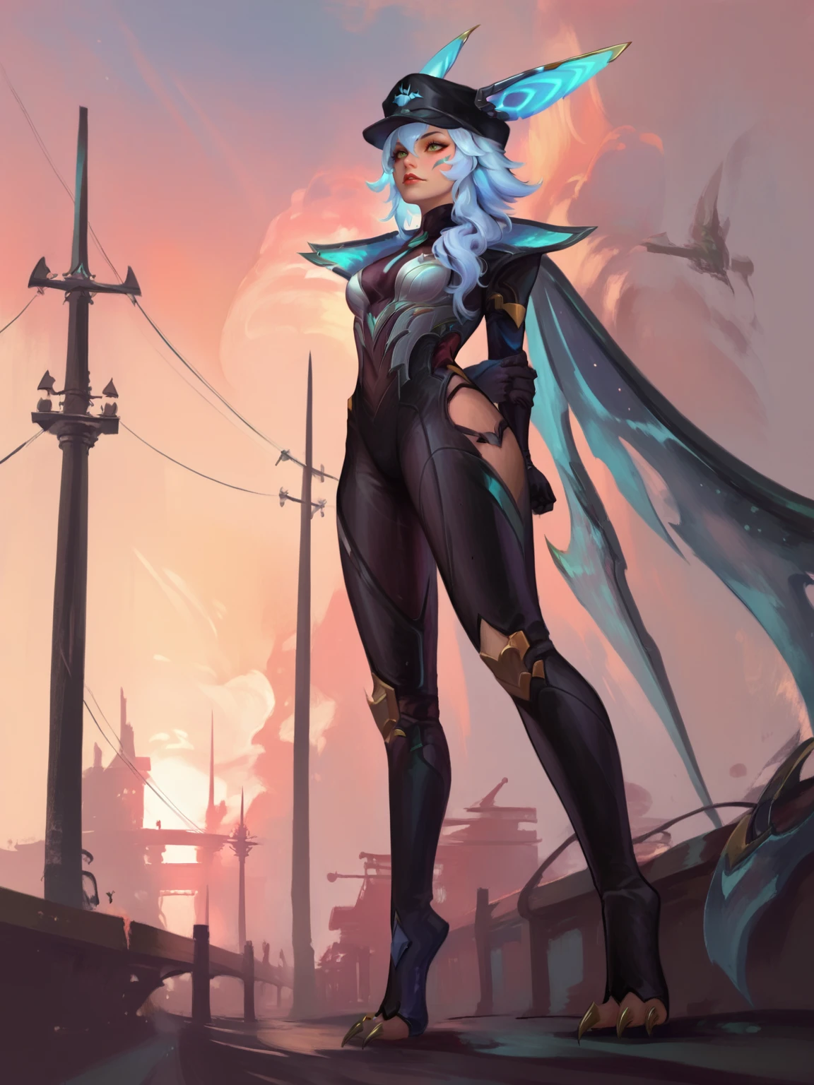 score_9, score_8_up, score_7_up, BREAK, XayahBB, 1girl, solo, long blue hair, black hat, long blue ears, high blue collar, armor, blue cape, black gloves, black and white pants, claws on feet, (blue daggers), siting on neon roof, sunset, universe and stars in sky, hands behind back, looking up, from below view, wodeipoi <lora:XayahBB:1>  <lora:wodeipoi:1>