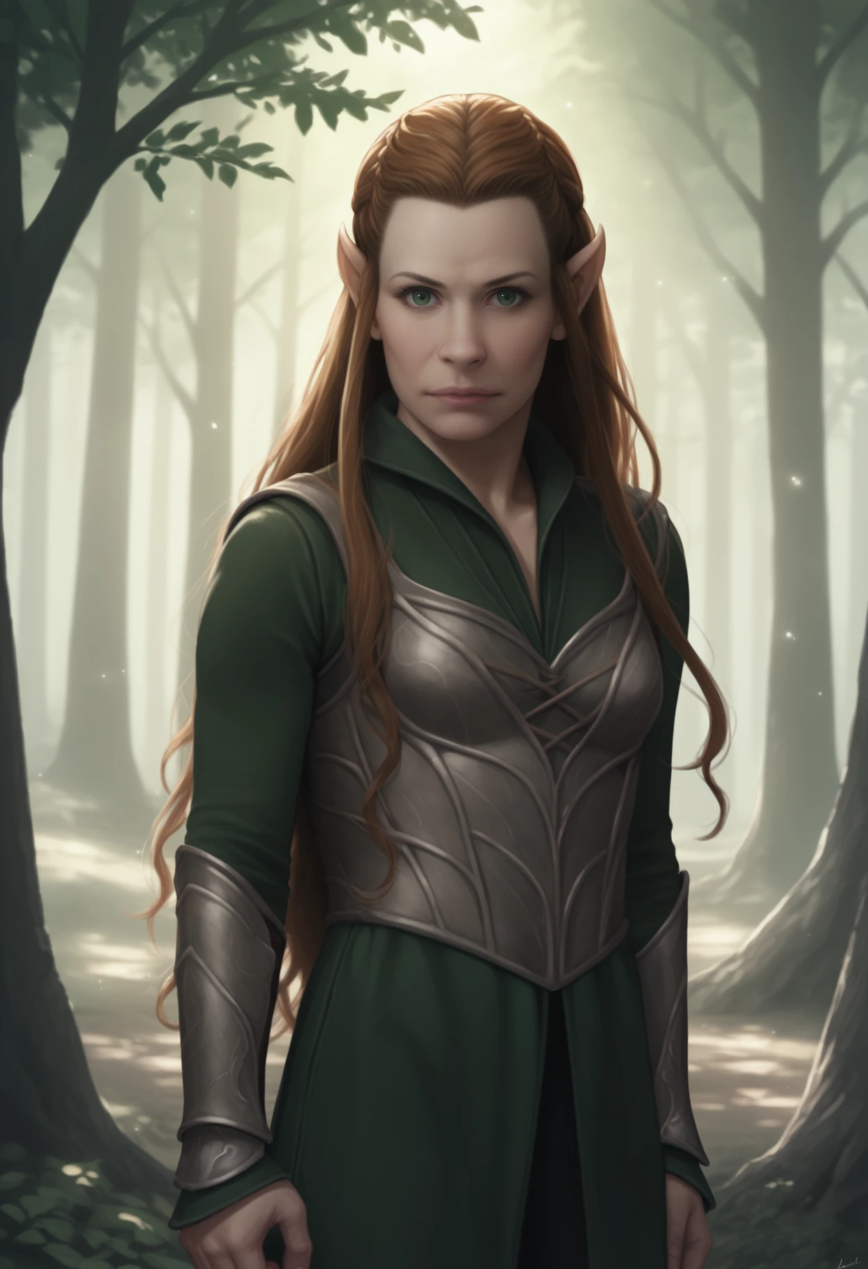 score_9, score_8_up, score_7_up, BREAK, realistic, 
1girl, tauriel, brown hair, long hair, pointy ears, green eyes,
armor,
standing, looking at viewer, solo, dappled sunlight, trees, forest background  <lora:TaurielXL:1>