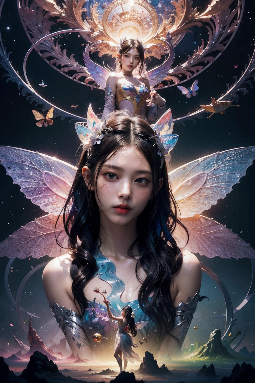 ultra detailed illustration of asian girl covered in liquid chrome,lost in a dreamy fairy multiverse by ross tran,Andrew Thomas Huang,dan mumford,Druillet,colorful,vivid colors,8k,coherent,artgerm,anime vibes,octane render,uplifting,magical composition,artstation, <lora:makina69_haerin_v3.0:1>