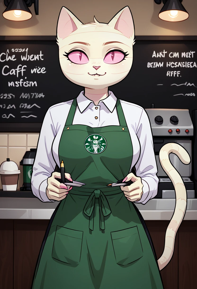 score_9, score_8_up, score_8, <lora:Me-Mow_Adventure_Time_for_PonyXL:0.8> 1girl, cat girl, mem0w, wrappings, tail, pink eyes, coffee shop, uniform, apron