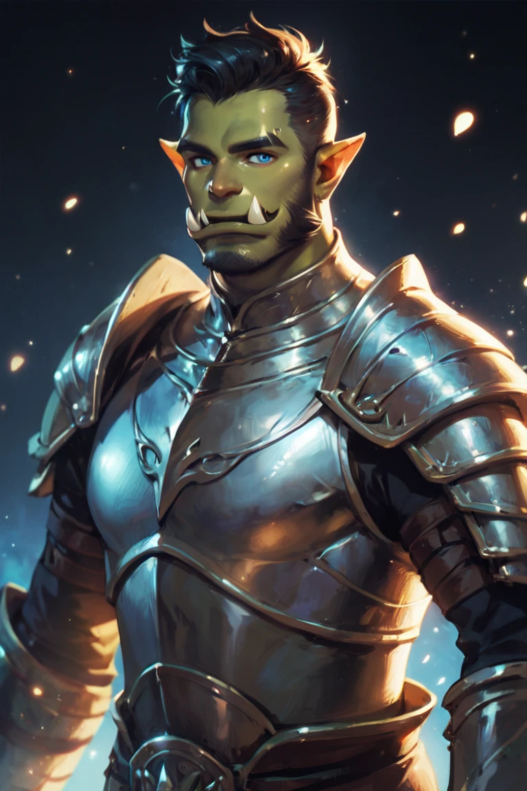 score_9, score_8_up, score_7_up, rating_safe, 1boy, solo, male focus, mature male, orc, green skin, tusks, blue eyes, short hair, black hair, facial hair, beard, mustache, looking at viewer, armor, shoulder armor, breastplate, pauldrons, upper body, closed mouth, standing, outdoors, night, night sky, dark background <lora:Anime Summer Days Style SDXL_LoRA_Pony Diffusion V6 XL:0.8>