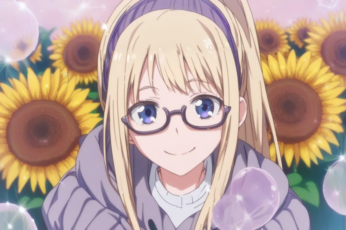 score_9, score_8_up, score_7_up, score_6_up, source_anime, extremely detailed BREAK 
1girl, blonde, long ponytail, blue eyes, glasses, smile, sunflower, looking at viewer
BREAK
 <lora:Shoujo_Bubbles:1> (purple:1.9), sh0jo_bubbles