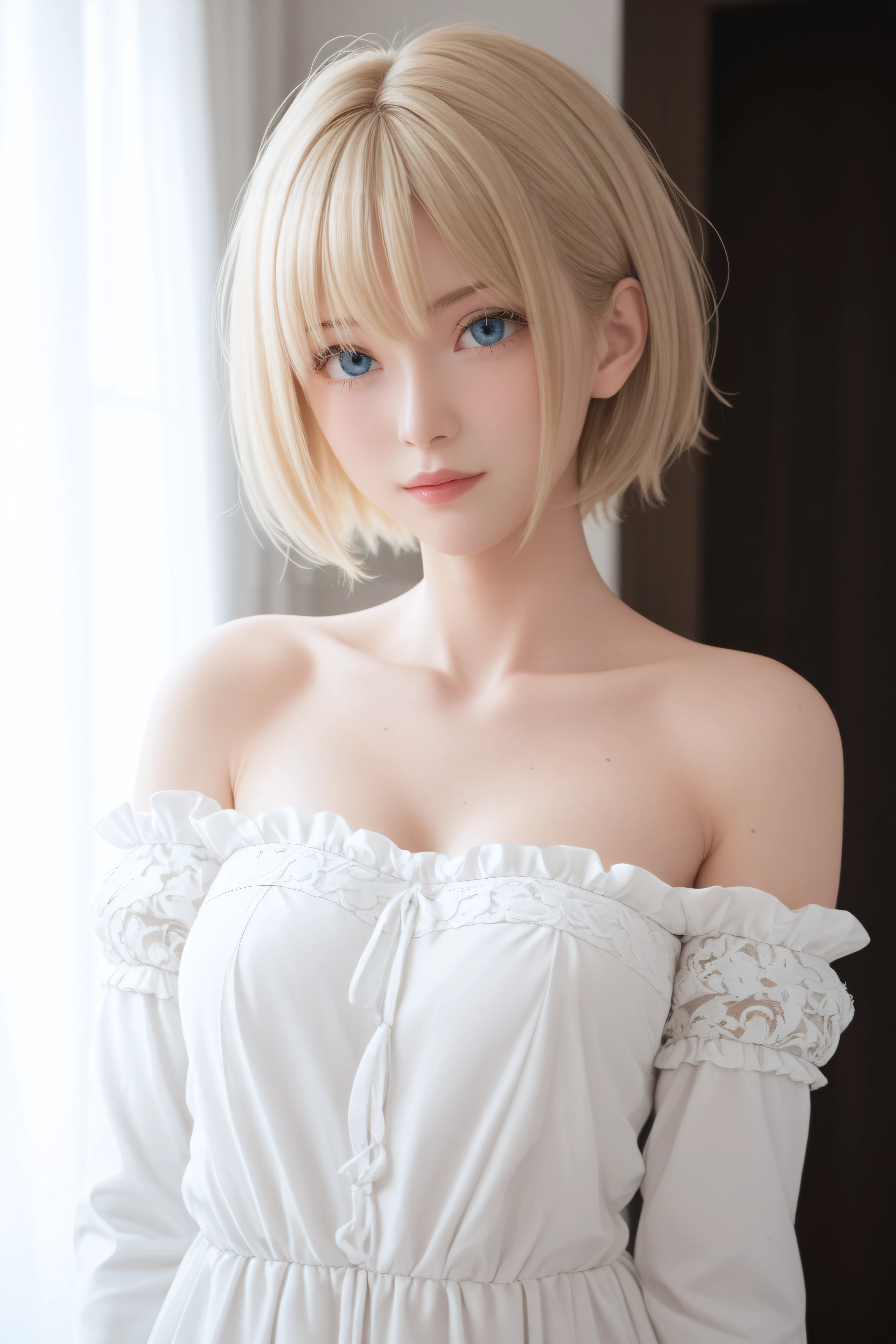 score_9, score_8_up, score_7_up, BREAK source_anime, <lora:Arte-PonyXL-lora-Faxtron:0.8> arte, blue eyes, blonde hair, short hair, medium breasts, long white dress, collarbone, long sleeves, bare shoulders,