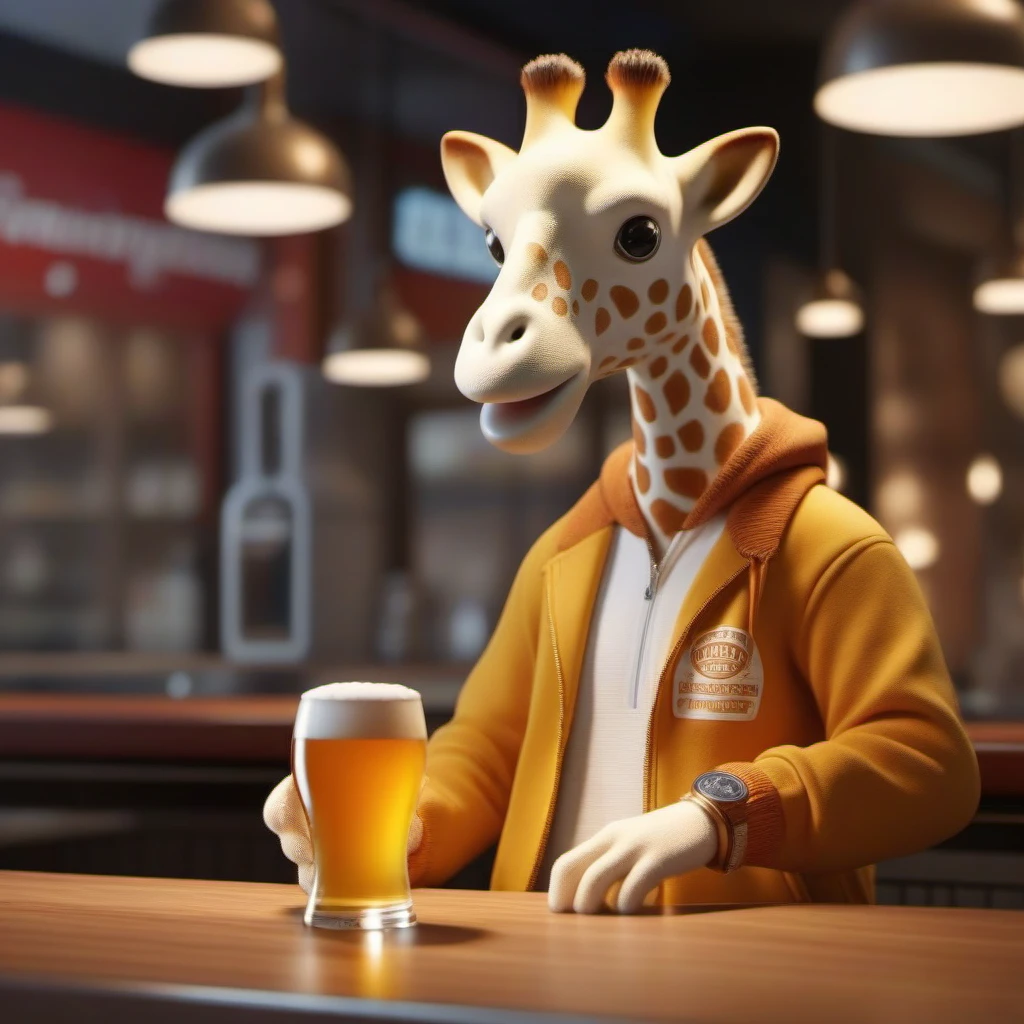 professional 3d model an  anthropomorphic giraffe animal wearing a tracksuit, having a beer in a pub  <lora:Sophie1024:0.8> . octane render, highly detailed, volumetric, dramatic lighting