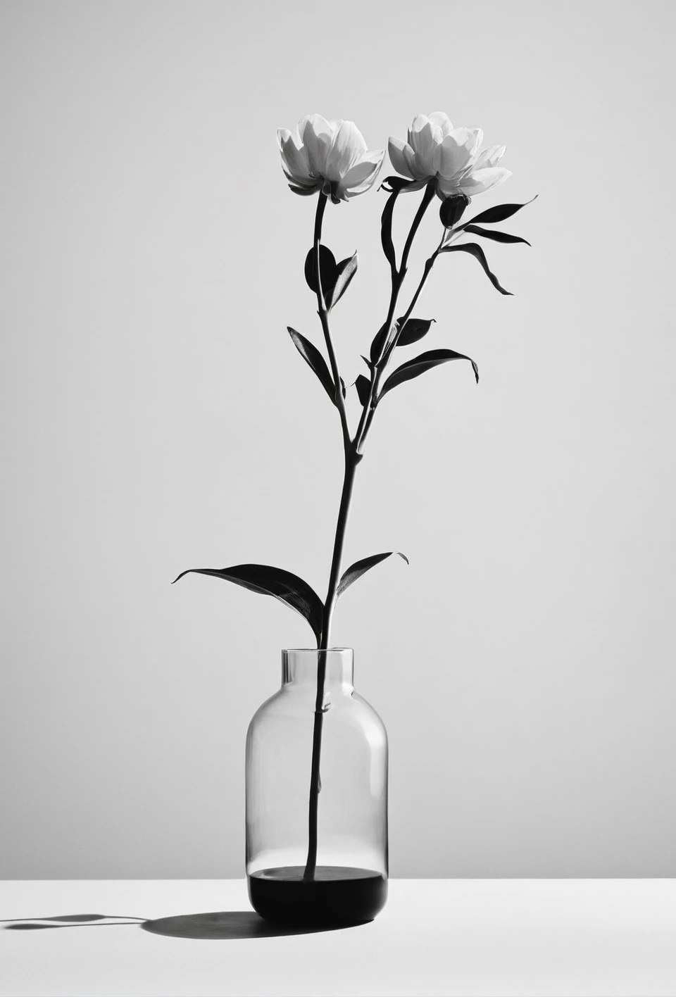 Gray,Monochrome,black-and-white photograph,,black-and-white photograph,greyscale,monochrome,no humans,flower,simple background,plant,grey background,white background,reflection,still life,<lora:add_detail:1>