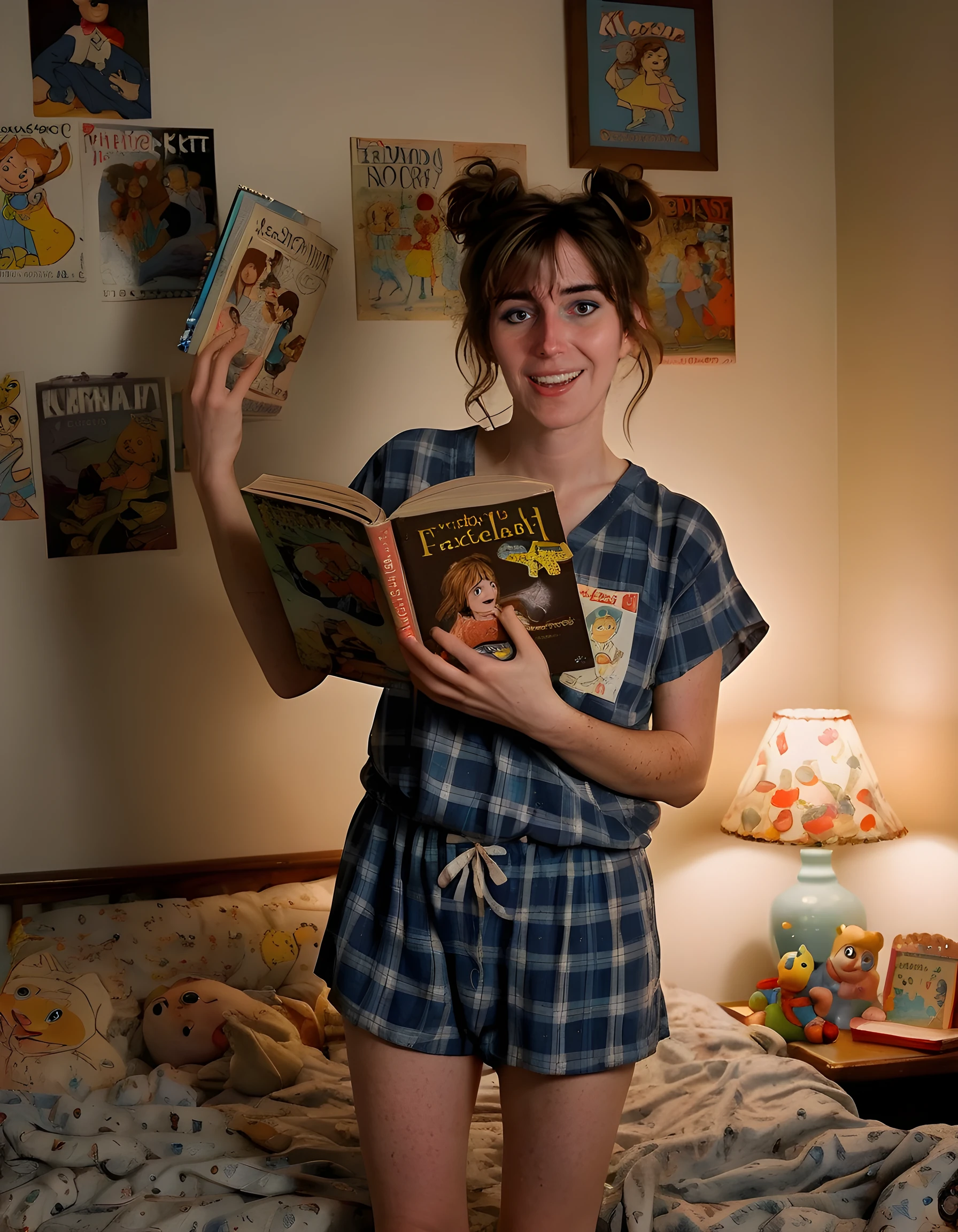 In a dimly lit, cluttered bedroom filled with books and vintage memorabilia, K41T, a woman in her mid-30s, is captured from a low angle, standing on the edge of an unmade bed. She wears a pair of worn-out blue pajamas adorned with cartoon characters, paired with a plaid shirt tied around her waist as a makeshift robe, her short sleeves rolled up to reveal freckled arms. Her hair is messy and disheveled, falling loose from the topknot she usually keeps it in. With a bright, warm smile on her face, she waves at the camera, her eyes sparkling with mischief and nostalgia as she holds onto a tattered copy of her favorite childhood book, creating an emotional tone of reminiscence and comfort amidst the chaotic surroundings. The soft glow of a nightlight casts long, dancing shadows on the walls, adding to the intimate and whimsical atmosphere of the image.