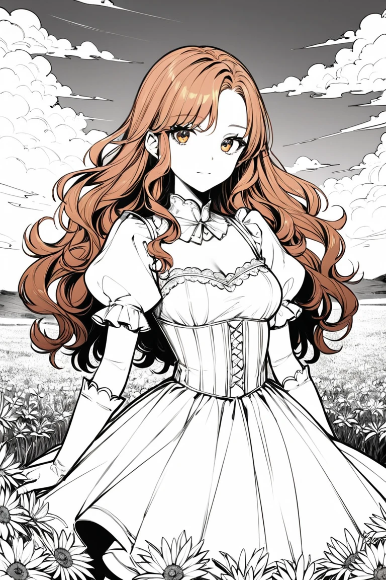 score_9, score_8_up, score_7_up, rating_safe, monochrome, greyscale, 1girl, solo, long hair, curly hair, wavy hair, orange hair, orange eyes, looking at viewer, breasts, dress, white dress, puffy sleeves, puffy short sleeves, short sleeves, gloves, elbow gloves, white gloves, cowboy shot, closed mouth, standing, outdoors, field, flower, grass, plant, sky <lora:Line Art Style LoRA XL:0.8>