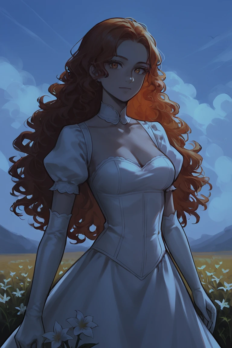 score_9, score_8_up, score_7_up, rating_safe, dark theme, low light, 1girl, solo, long hair, curly hair, wavy hair, orange hair, orange eyes, looking at viewer, breasts, dress, white dress, puffy sleeves, puffy short sleeves, short sleeves, gloves, elbow gloves, white gloves, cowboy shot, closed mouth, standing, outdoors, field, flower, grass, plant, sky <lora:Smooth Night Style SDXL_LoRA_Pony Diffusion V6 XL:1>