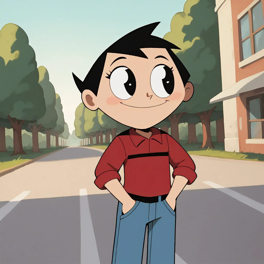 score_9, score_8, score_9, BREAK, tucker, black hair, black eyes, red shirt, outdoors, hands in pockets, cute, outdoors