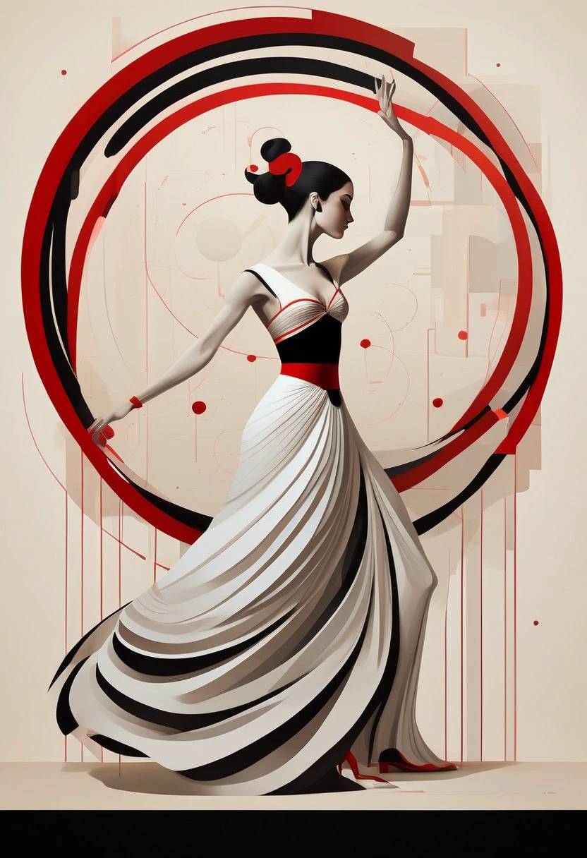 a detailed and intricate digital illustration features a woman dancing in a striking pose. the woman is positioned facing the viewer, her arms outstretched in a graceful arc. her hair, a vibrant red, is adorned with black dots and a white circle at the center of her head. her dress, a striking combination of red and black, is cinched at the waist with a black belt. the backdrop is a stark white, providing a stark contrast to the woman's striking image.