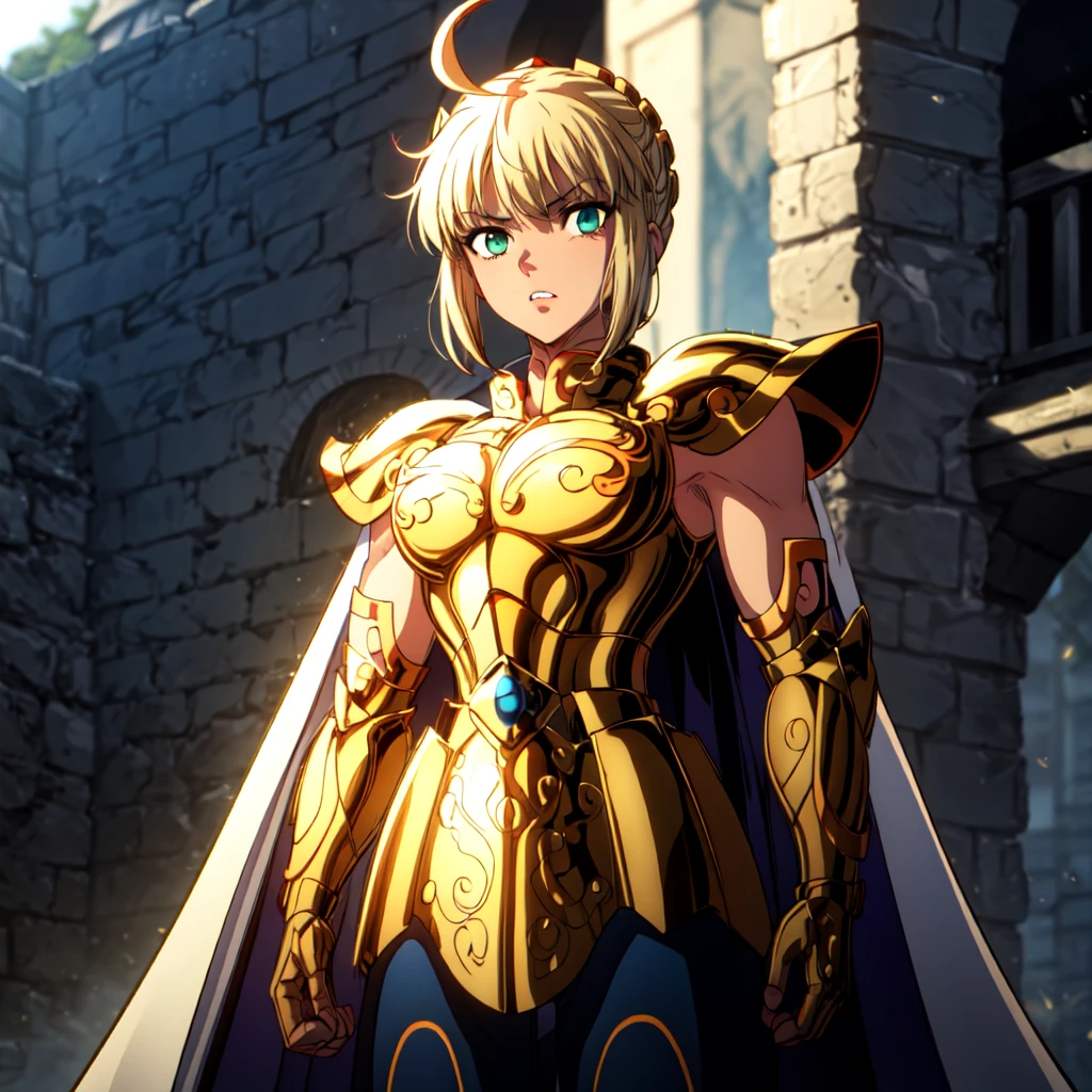 masterpiece, best quality, highres, solo, 1girl,  detailed background,medium breasts,ahoge,fingerless gloves ,green eyes,<lora:more_details:0.7>, saber,pauldrons ,(golden armor:1.5),  <lora:leo:0.7>  ,outdoors,standing,castle,shoulder armor, <lora:Fate UBW Style v1-offset:1> ,cape,blue cape,electricity, energy,(ultra detailed:1.0),(RAW photo:1.0), HDR, photography, Kodak Portra 400, film grain, blurry background, vibrant color,focused face, detailed face,symmetric eyes, visible lips,no_helmet,artoria pendragon