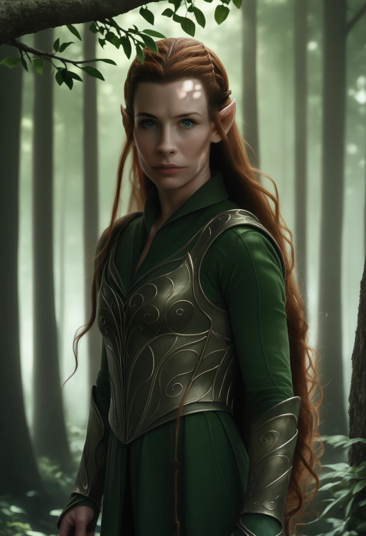 score_9, score_8_up, score_7_up, BREAK, realistic, d3t41l3d,
1girl, tauriel, brown hair, long hair, pointy ears, green eyes,
armor,
standing, looking at viewer, solo, dappled sunlight, trees, forest background    <lora:d3t41l3dXLP:0.7> <lora:TaurielXL:1>