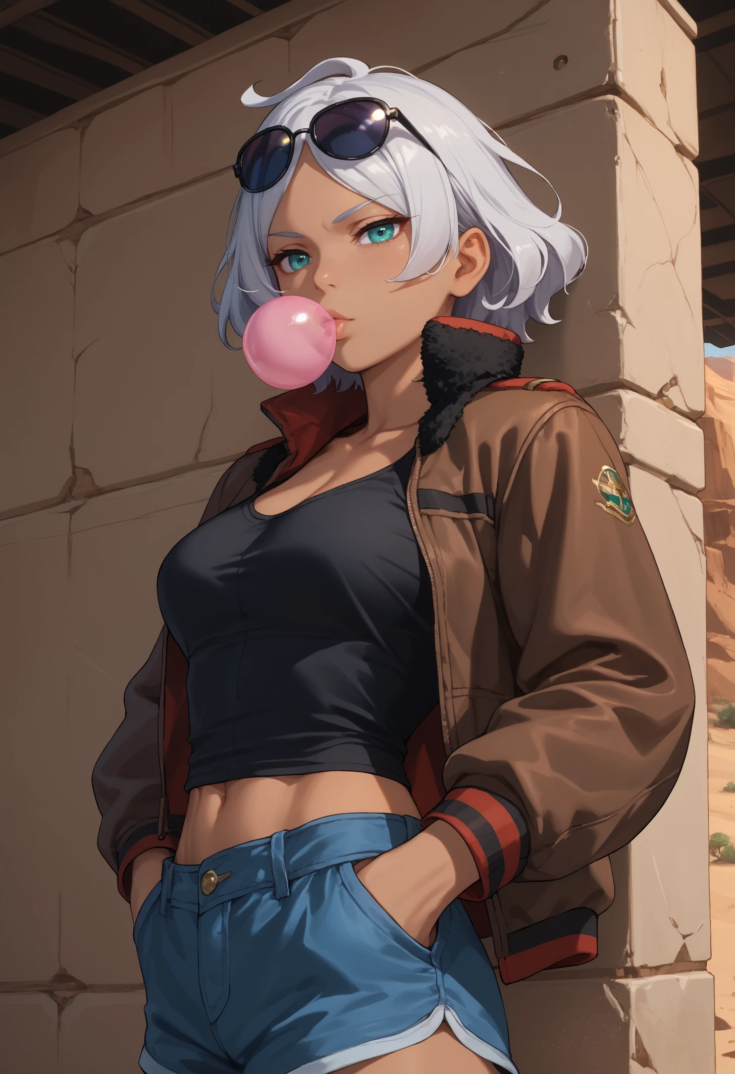 score_9, score_8_up, score_7_up, 1girl, solo, seciDo, dark skin, dark-skinned female, aqua eyes, silver hair, short hair, parted bangs, white nails, large breasts, 
aviator sunglasses, black eyewear on head, brown jacket, bomber jacket, black tank top, midriff, denim shorts,
looking at viewer, bedroom eyes, toned, hands in pockets, leaning against wall, from side, bubblegum, 
outdoors, desert, bus stop,
sci-fi, science fiction, 
<lora:SeceliaDotePDXL_V1-Manityro-CAME:1.0>,