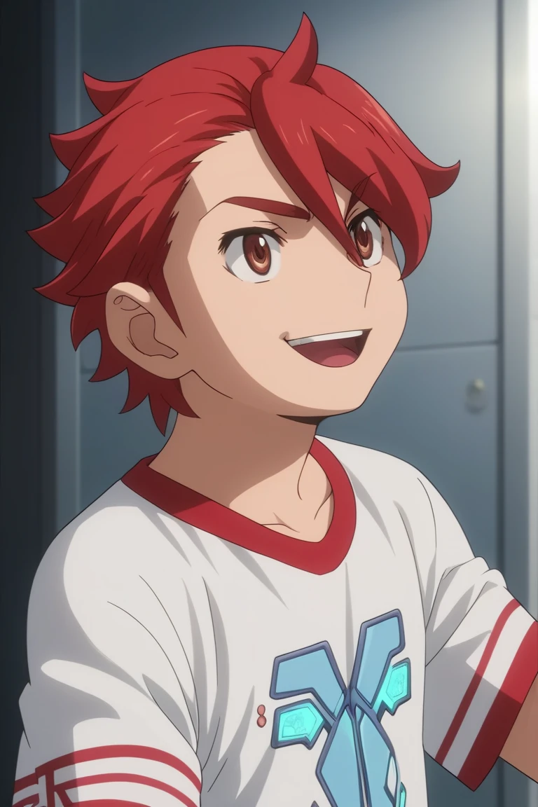 score_9, score_8_up, score_7_up, score_6_up, detailed, intricate details,cowboy shot,best quality ,source_anime, sekai kamiki, red hair, red eyes, white t-shirt, 1boy, male focus, solo, open mouth, smile, shirt, t-shirt, upper body, , holographic interface<lora:EMS-408998-EMS:1.000000>